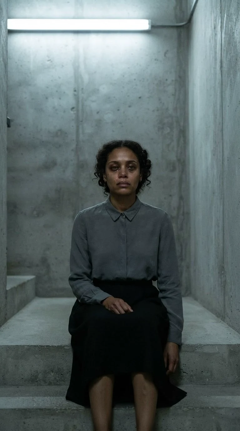 The tired woman stares ahead at the concrete wall, admitting the truth.