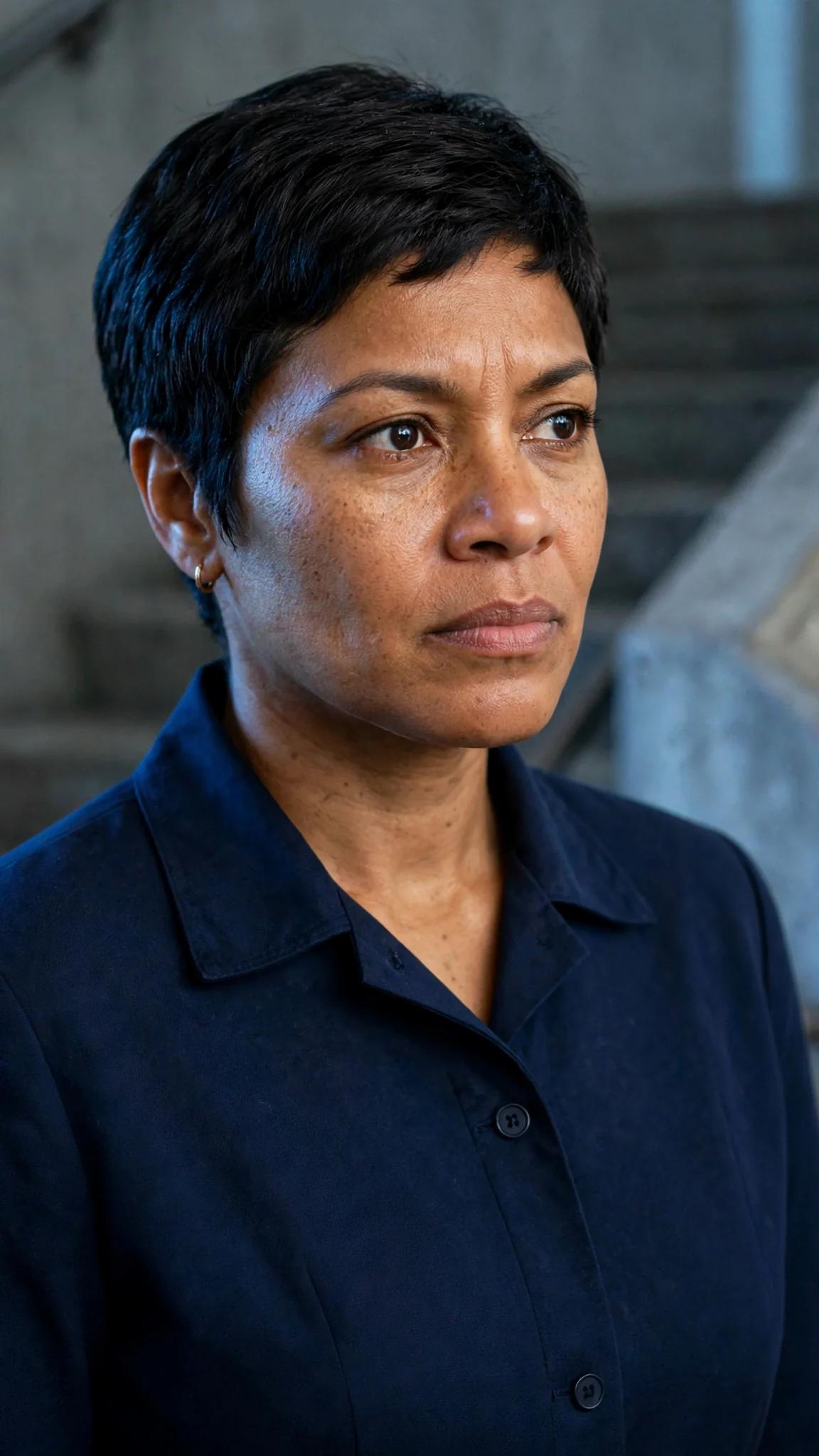 Close-up of the uniformed woman's face going hard at the word "car".