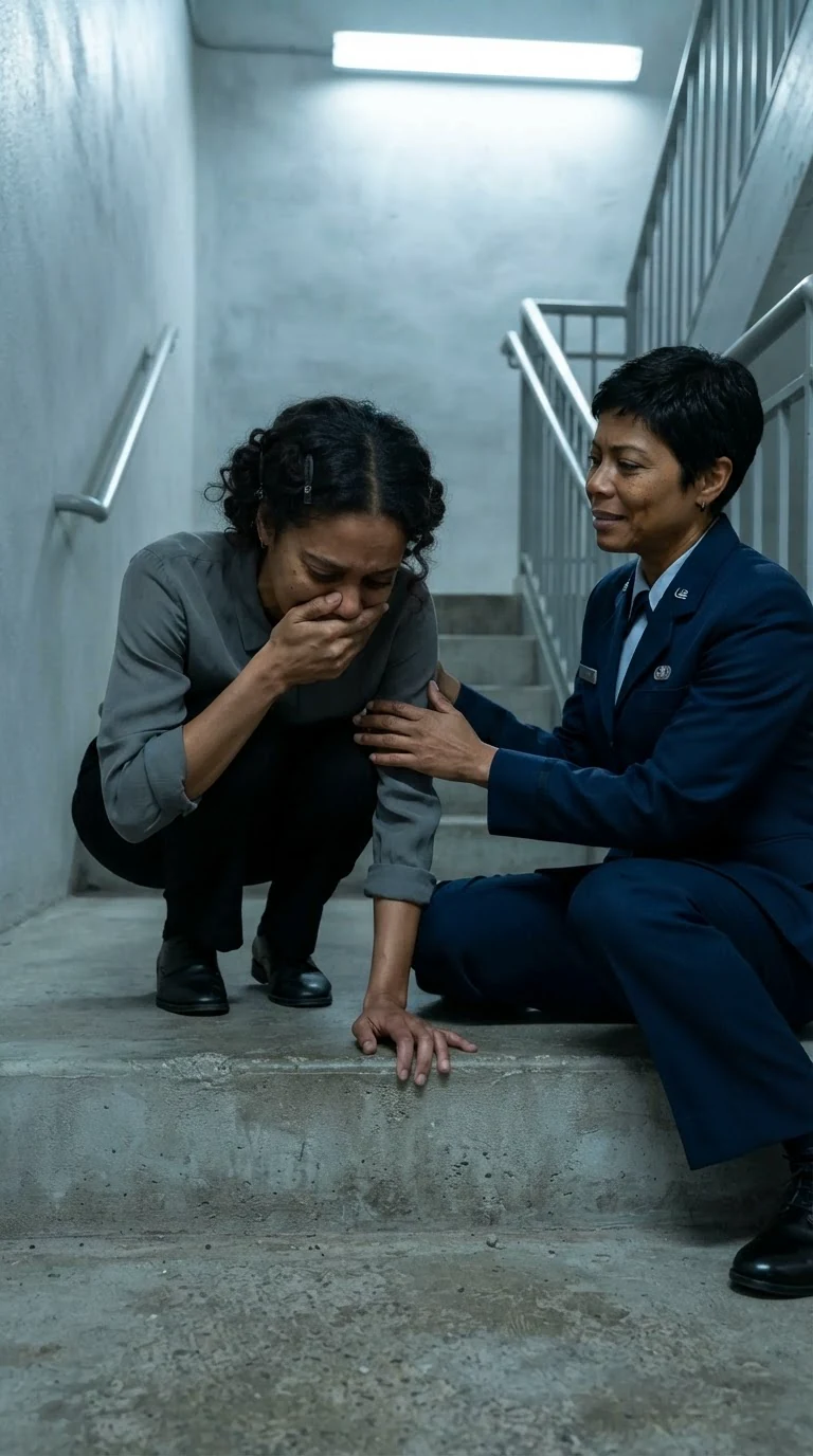 The crying woman bends forward on the step, sobbing, as her friend watches.