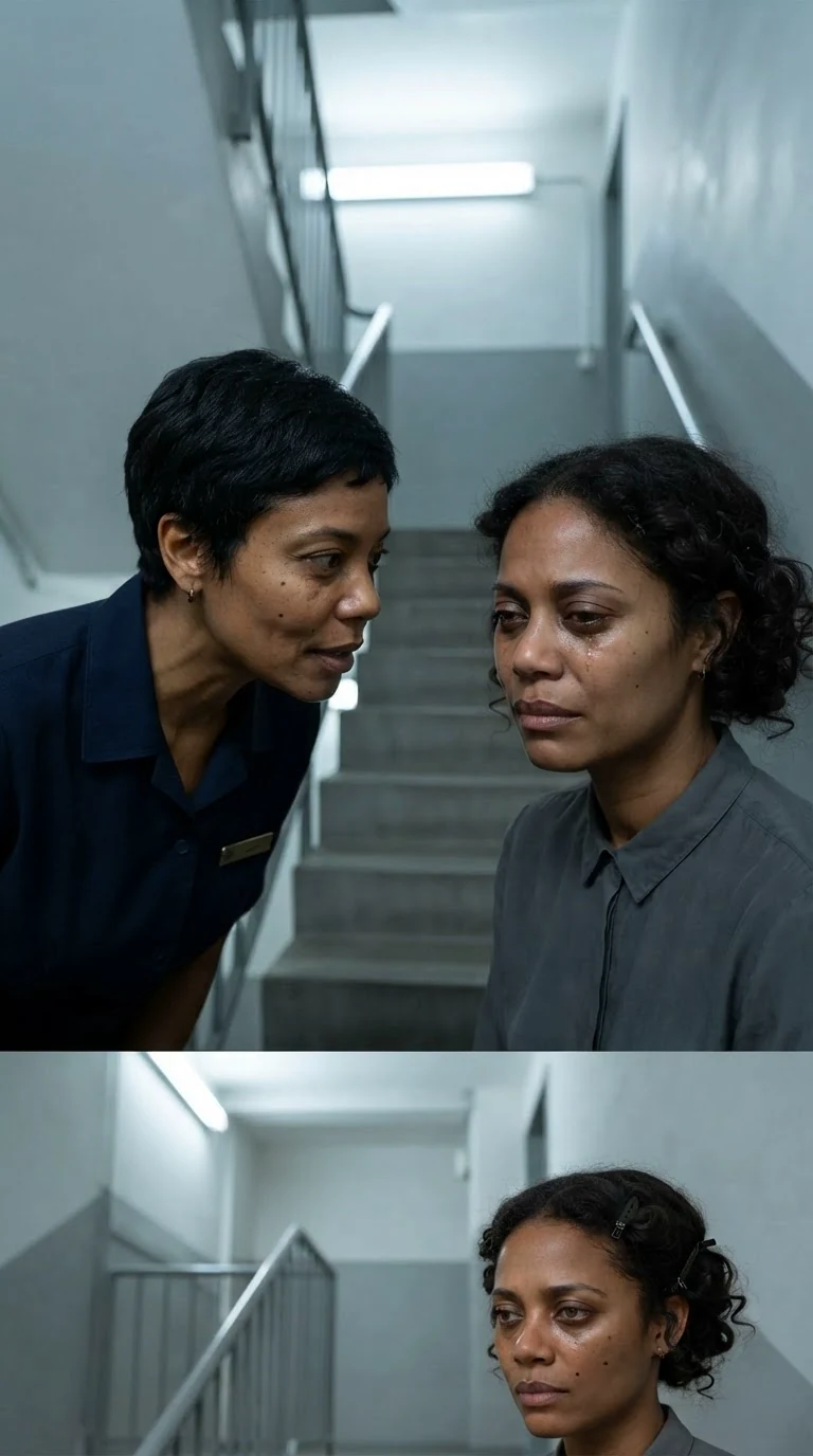 The uniformed woman leans in and speaks firmly, close to her friend's face.