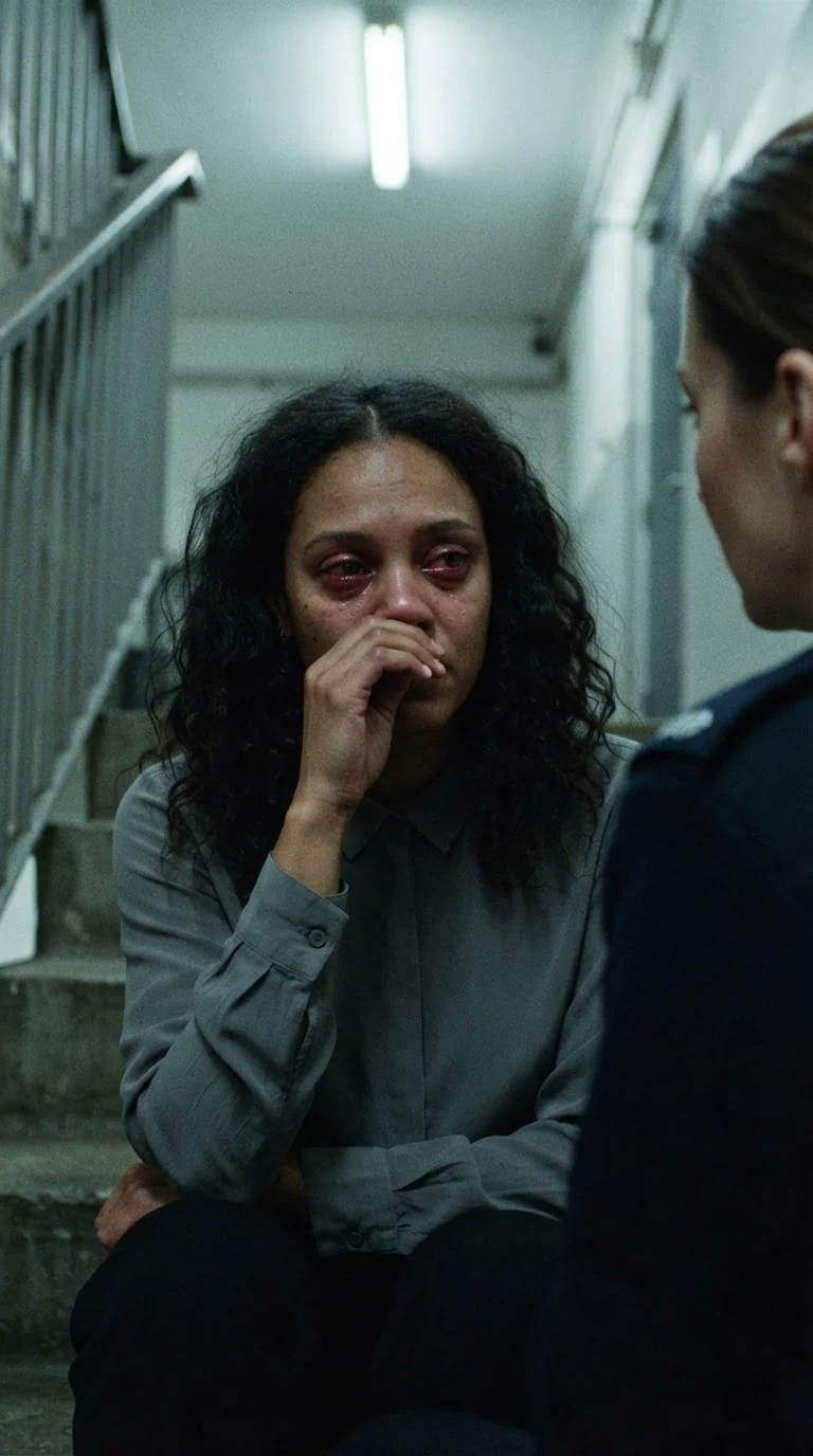 The crying woman shakes her head, wiping her nose with her sleeve.