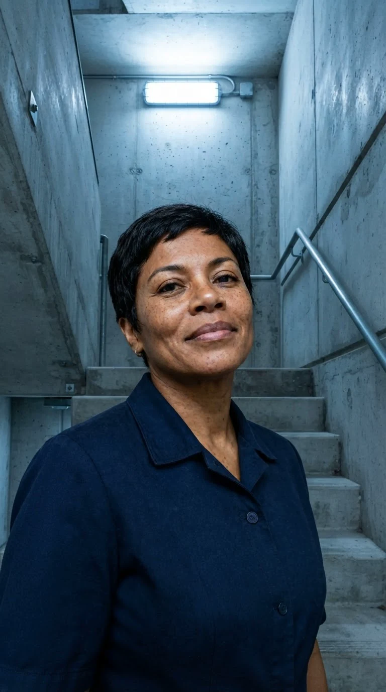 The uniformed woman shrugs, angry and unafraid, in the stairwell.