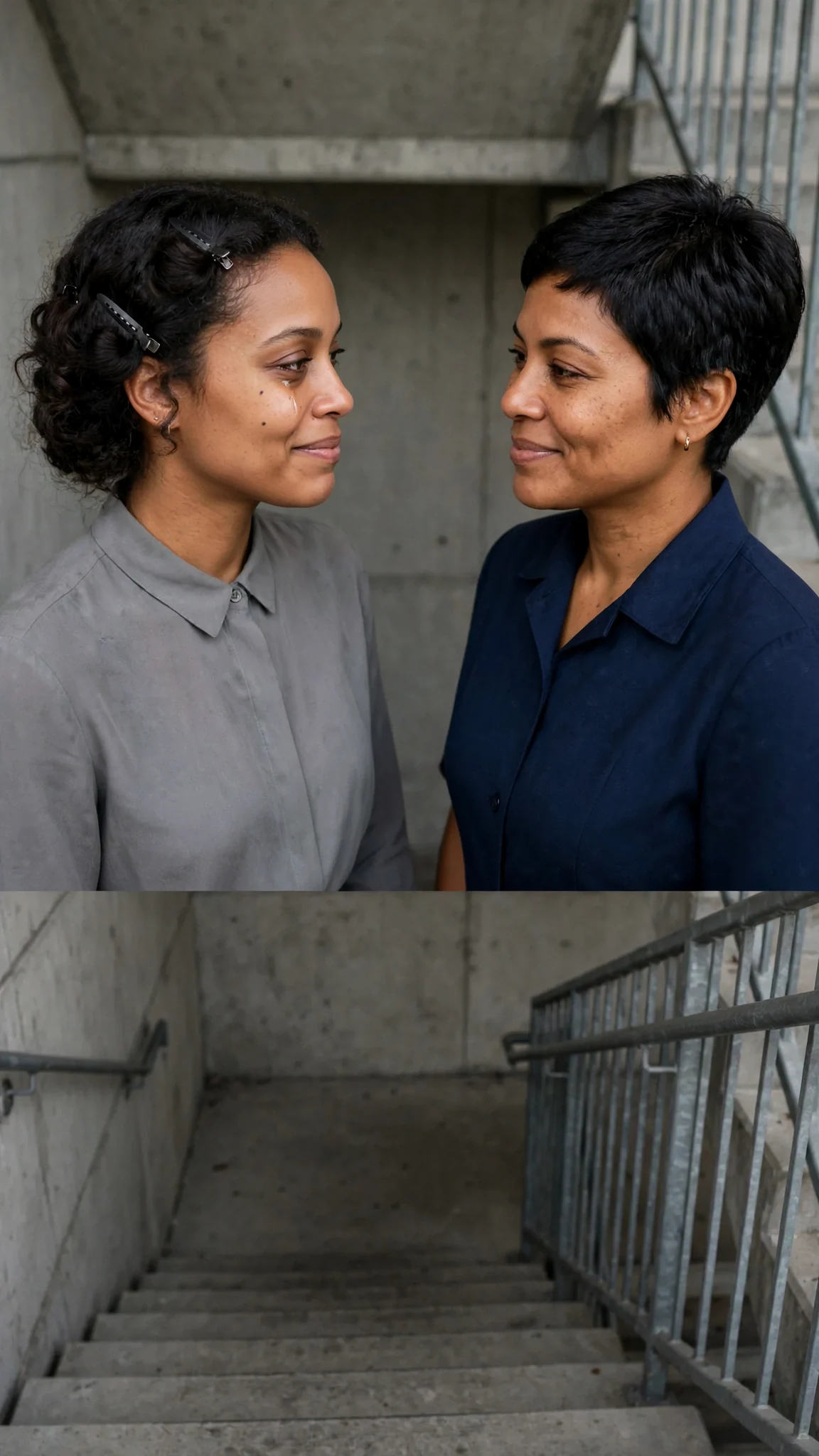 The two women look at each other on the stair landing, one crying, one steady.