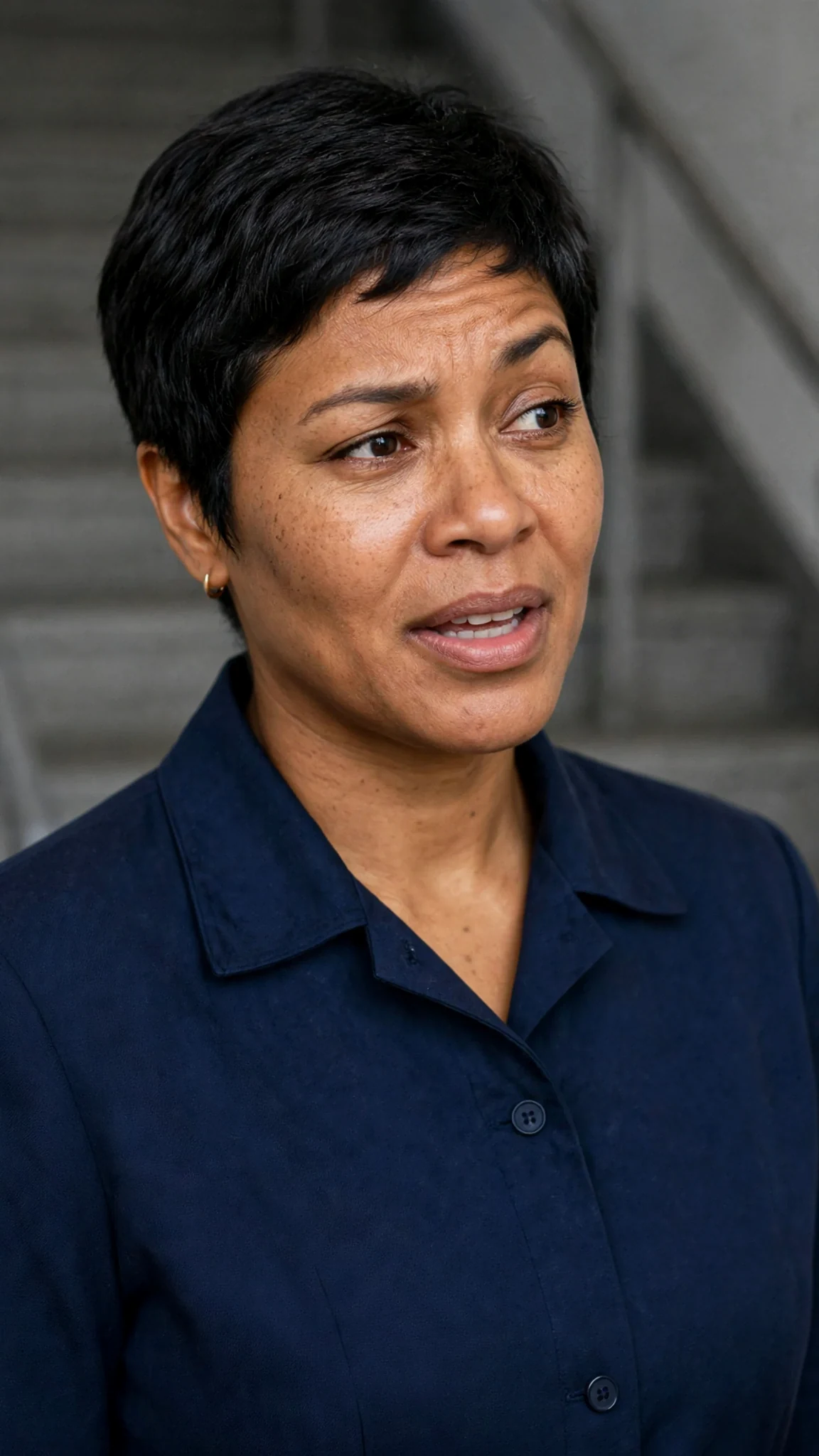 Close-up of the uniformed woman speaking with quiet contempt.