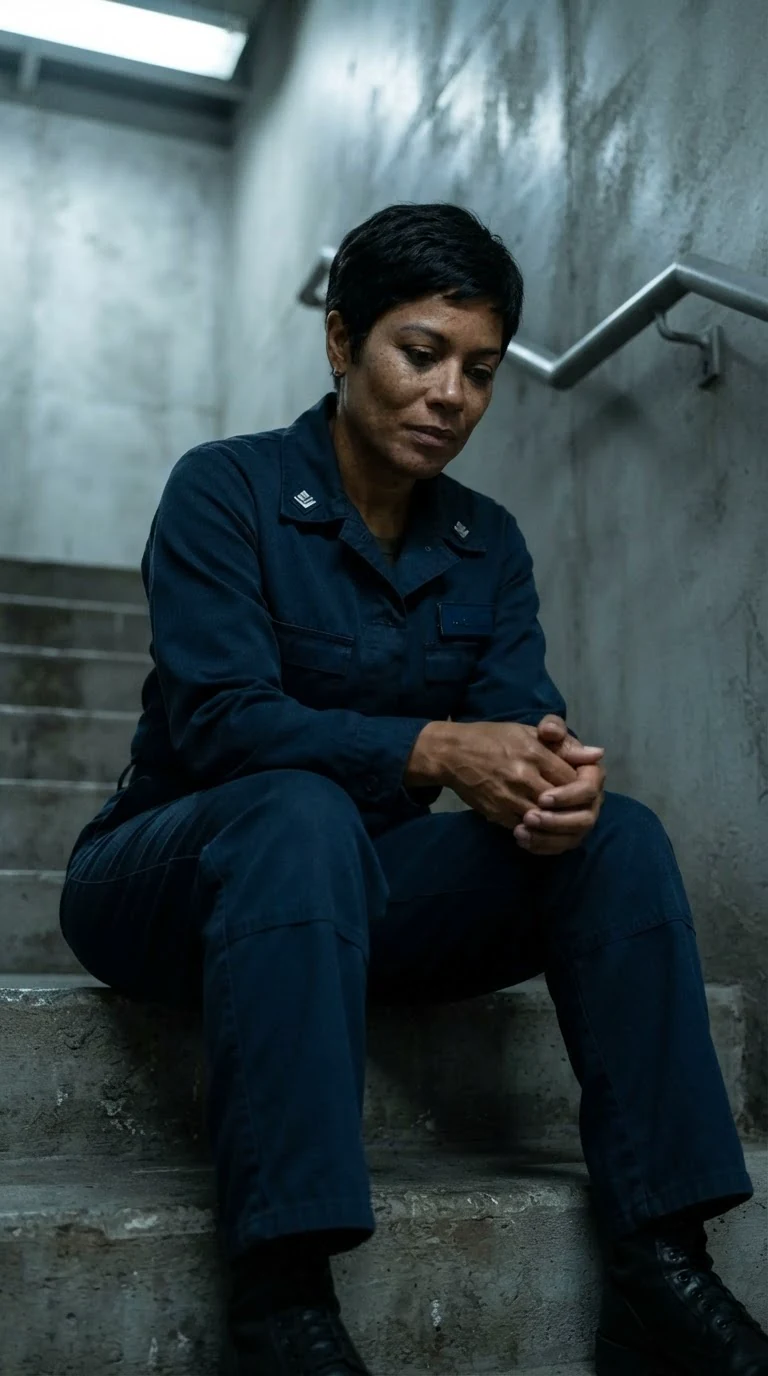 The uniformed woman looks down at her hands, admitting her own fear.