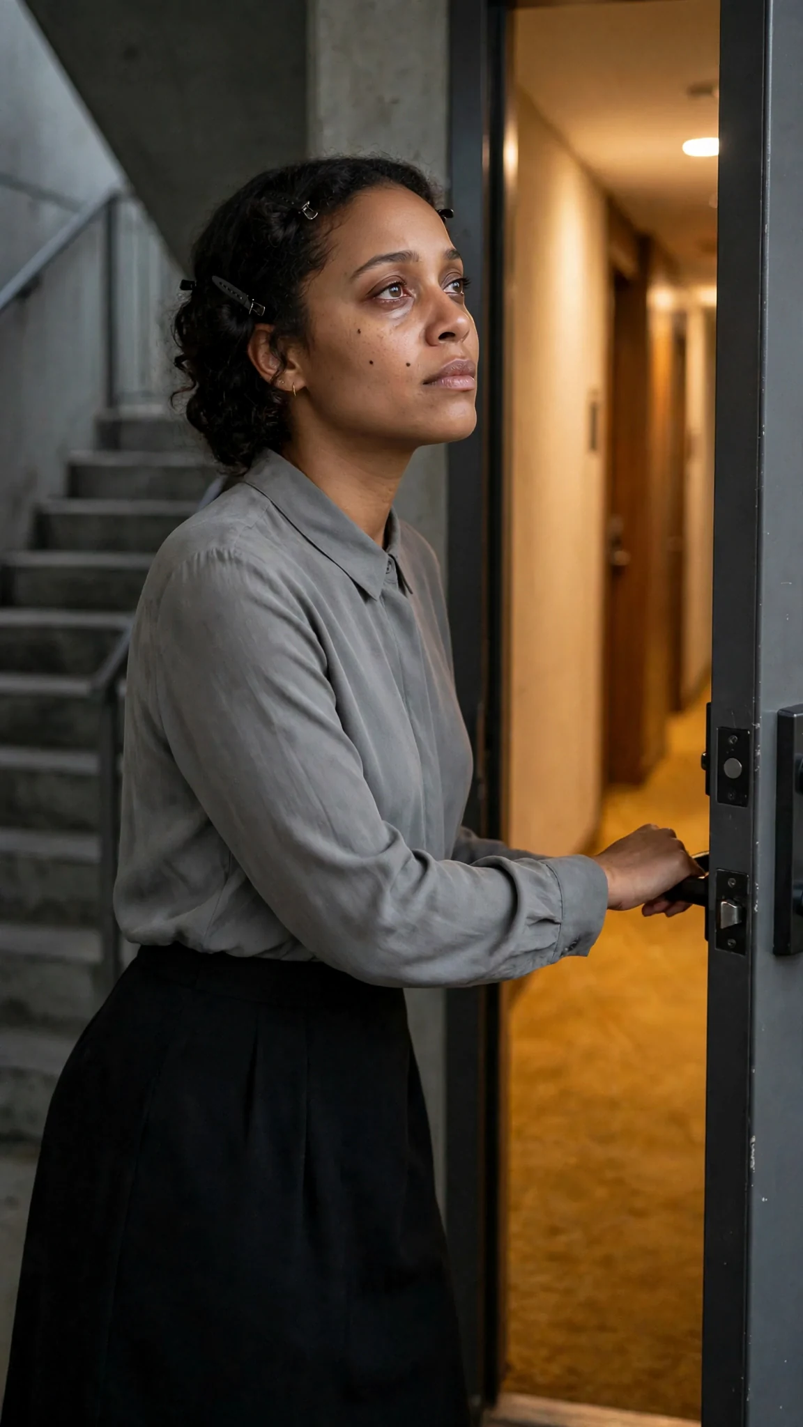 The tired woman pushes the stairwell door open into the bright hotel hallway, chin up.