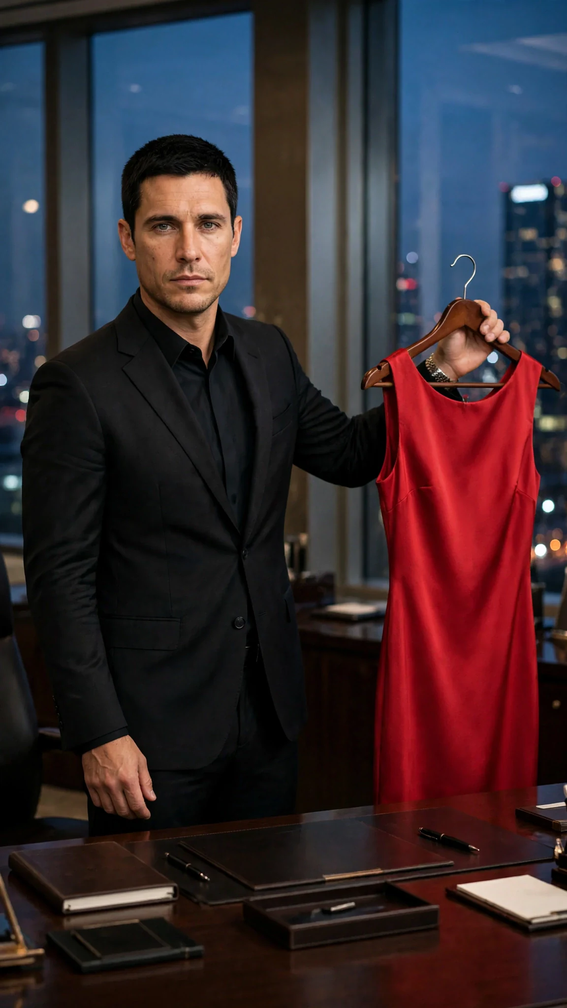 A tall man in a dark suit holds a red silk dress up to the window light in a luxury office.