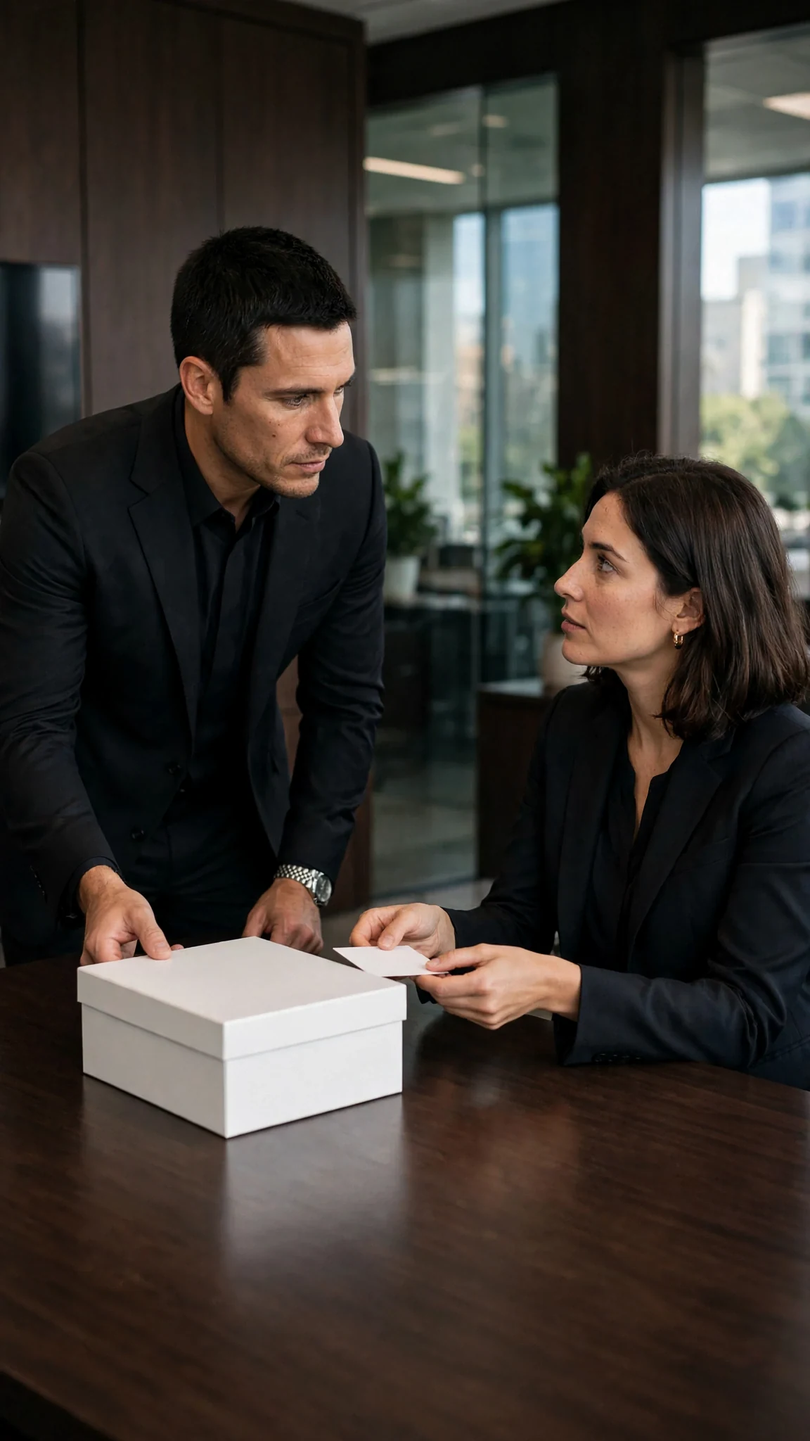 A man in a dark suit hands a dress box to his assistant across a wide desk.