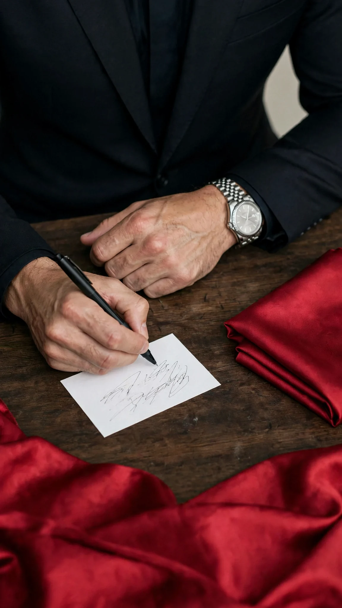 A close shot of a man's hand writing a short message on a small white card with a black pen.