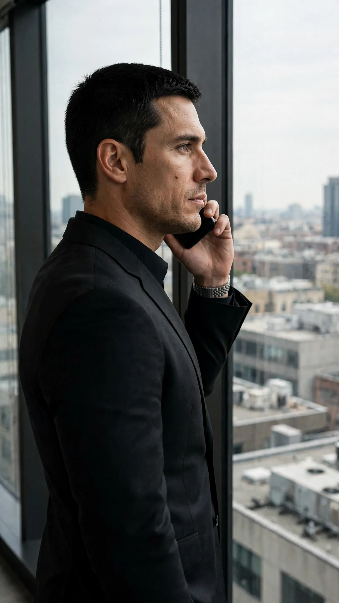 A man in a dark suit stands alone at the office window with a phone pressed to his ear.