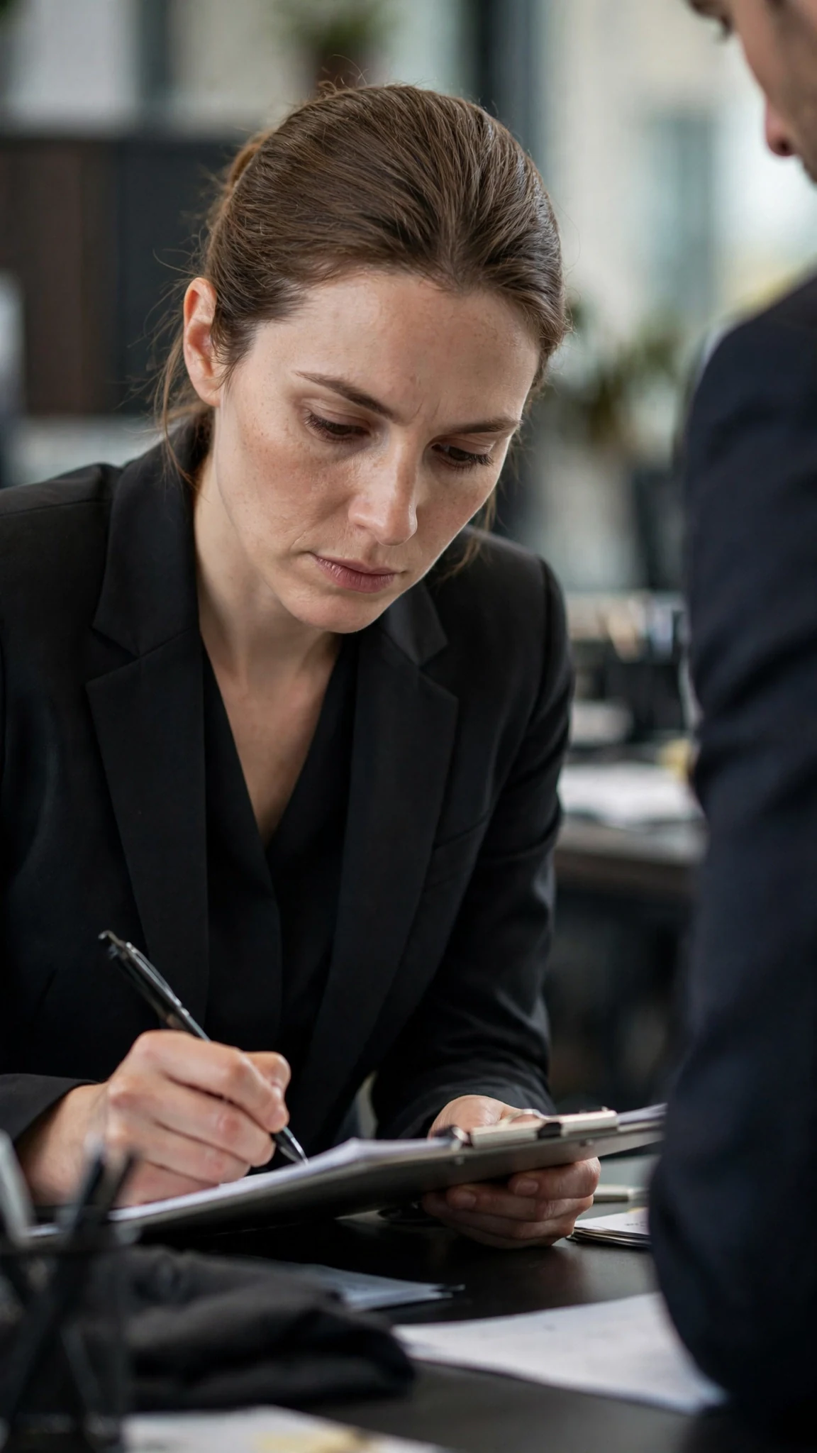 An assistant in a dark suit writes on a clipboard with her eyes fixed on the page.