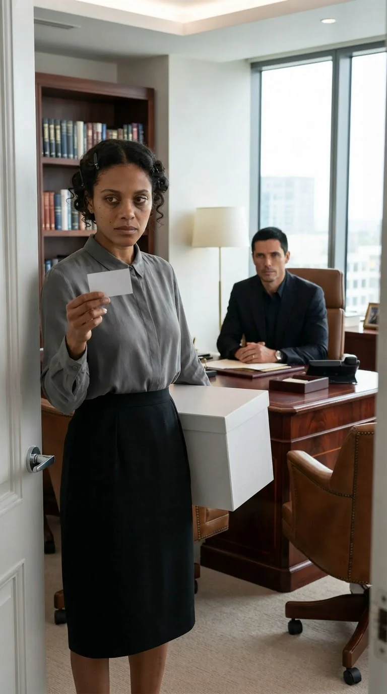 A tired woman in a gray blouse stands in the office doorway holding a card and a dress box.
