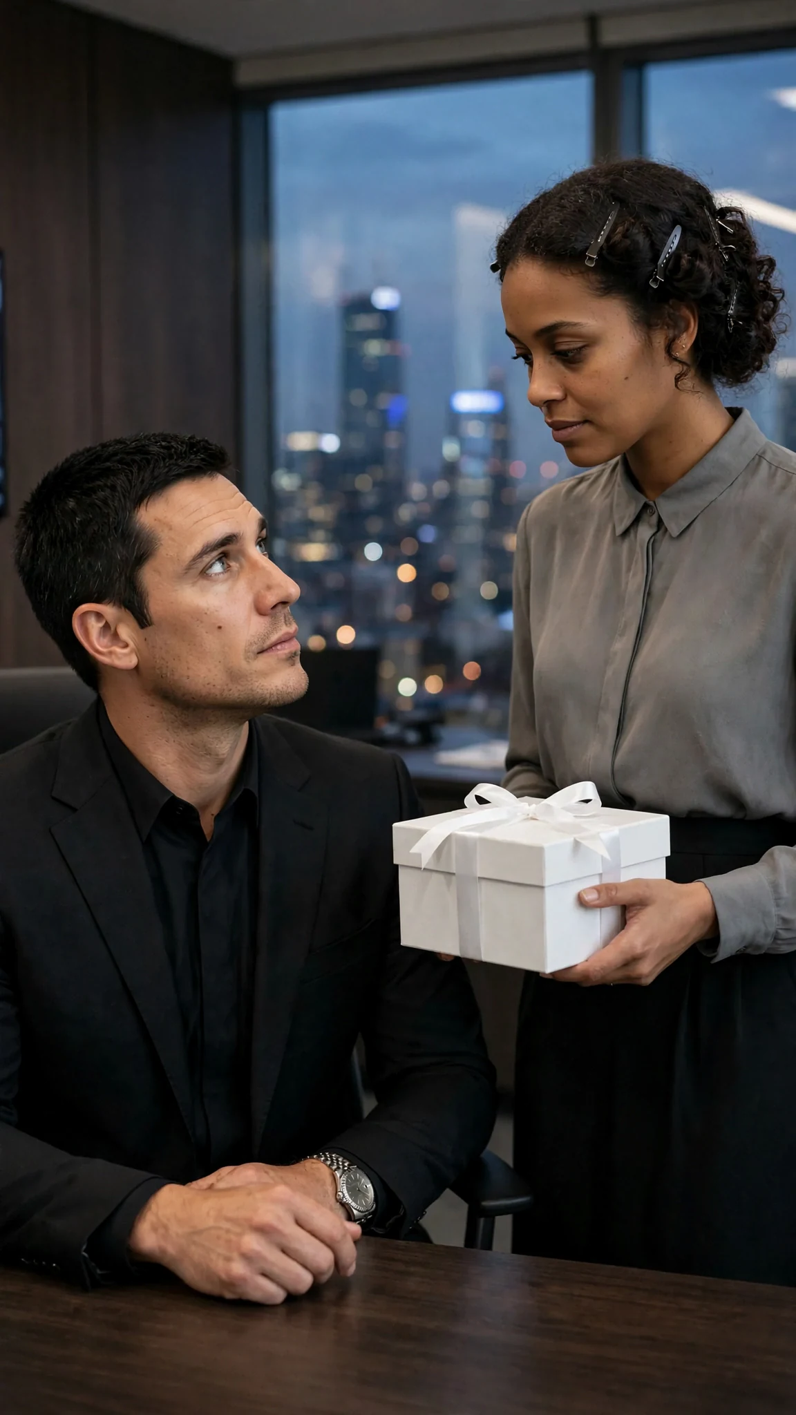 A man behind a dark desk looks up at a woman holding a dress box, his face cool.