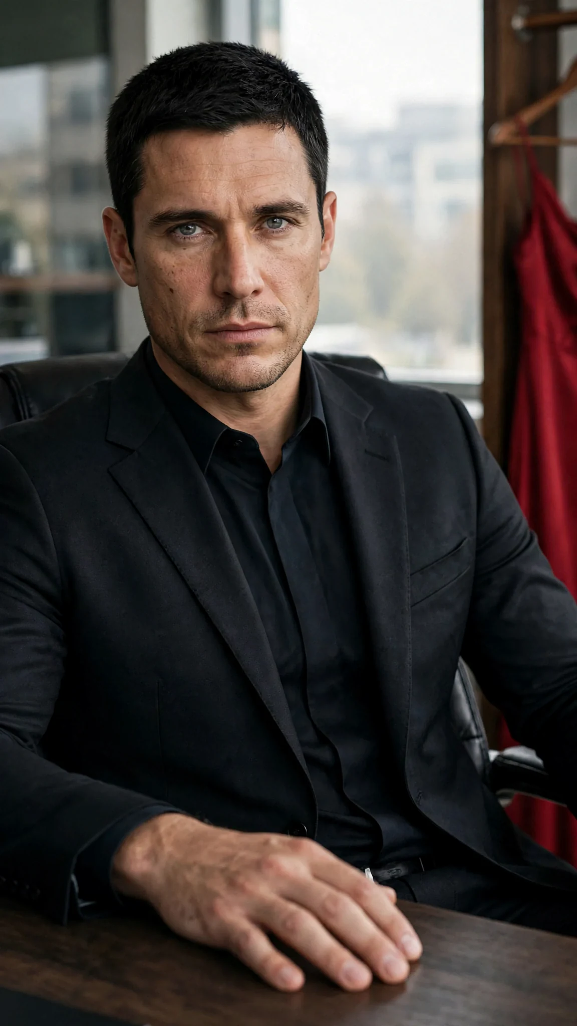 A man in a dark suit leans back in his chair, one hand open flat on the desk, his gray eyes hard.