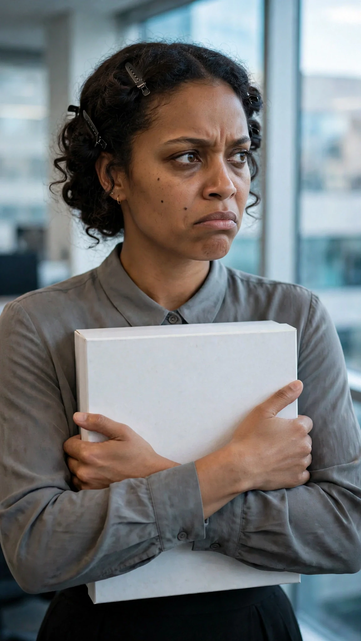 A woman in a gray blouse holds a dress box against her chest, her jaw set hard.