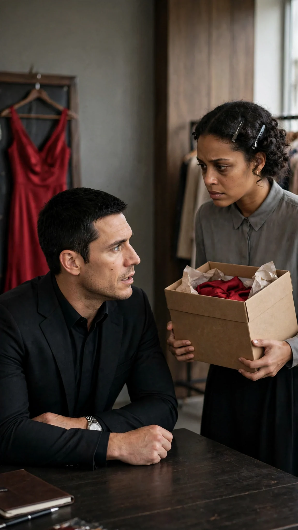 A man at his desk leans forward on both elbows, speaking to the woman standing before him.