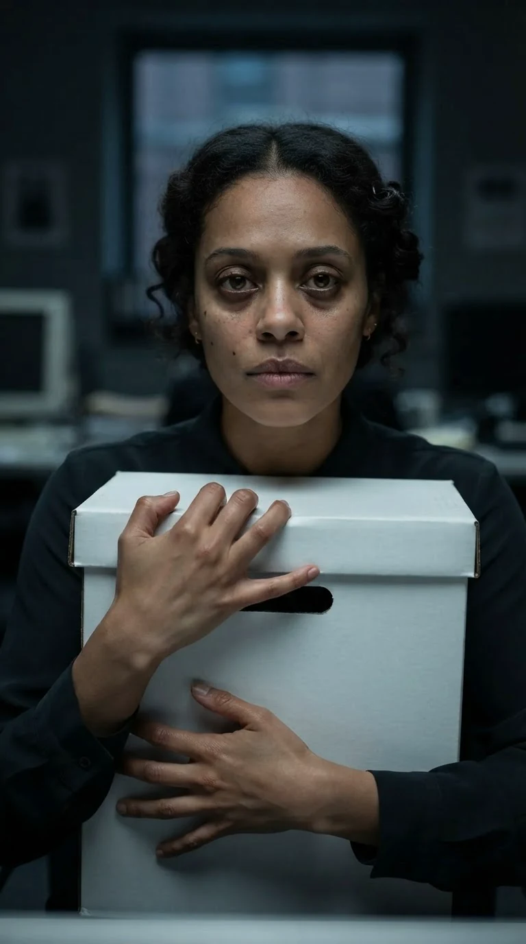A woman goes pale, her fingers digging into the white dress box.