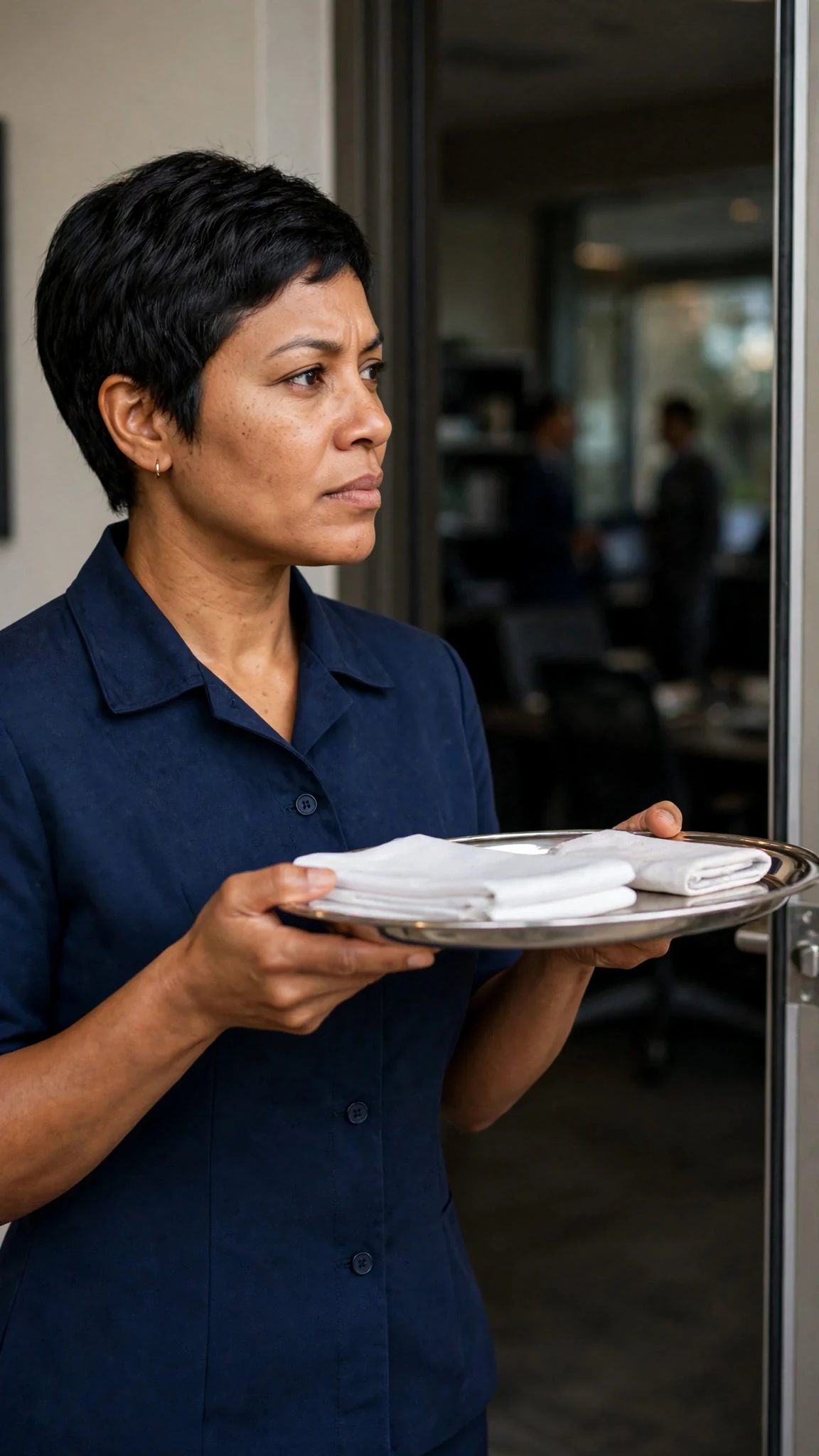 A hotel worker in a navy uniform stands in an open doorway holding a tray, listening.