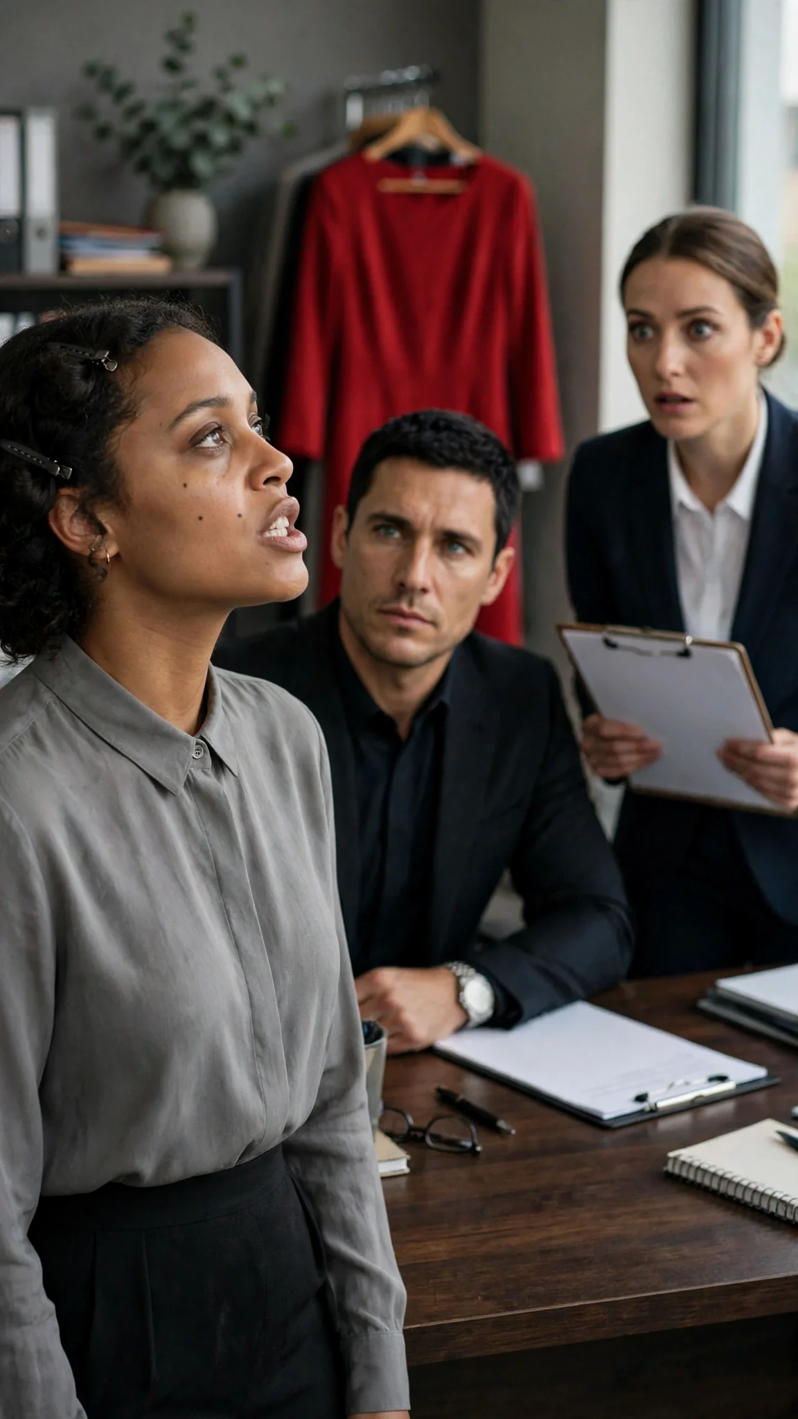 A woman in a gray blouse says no flatly while an assistant watches from the side.