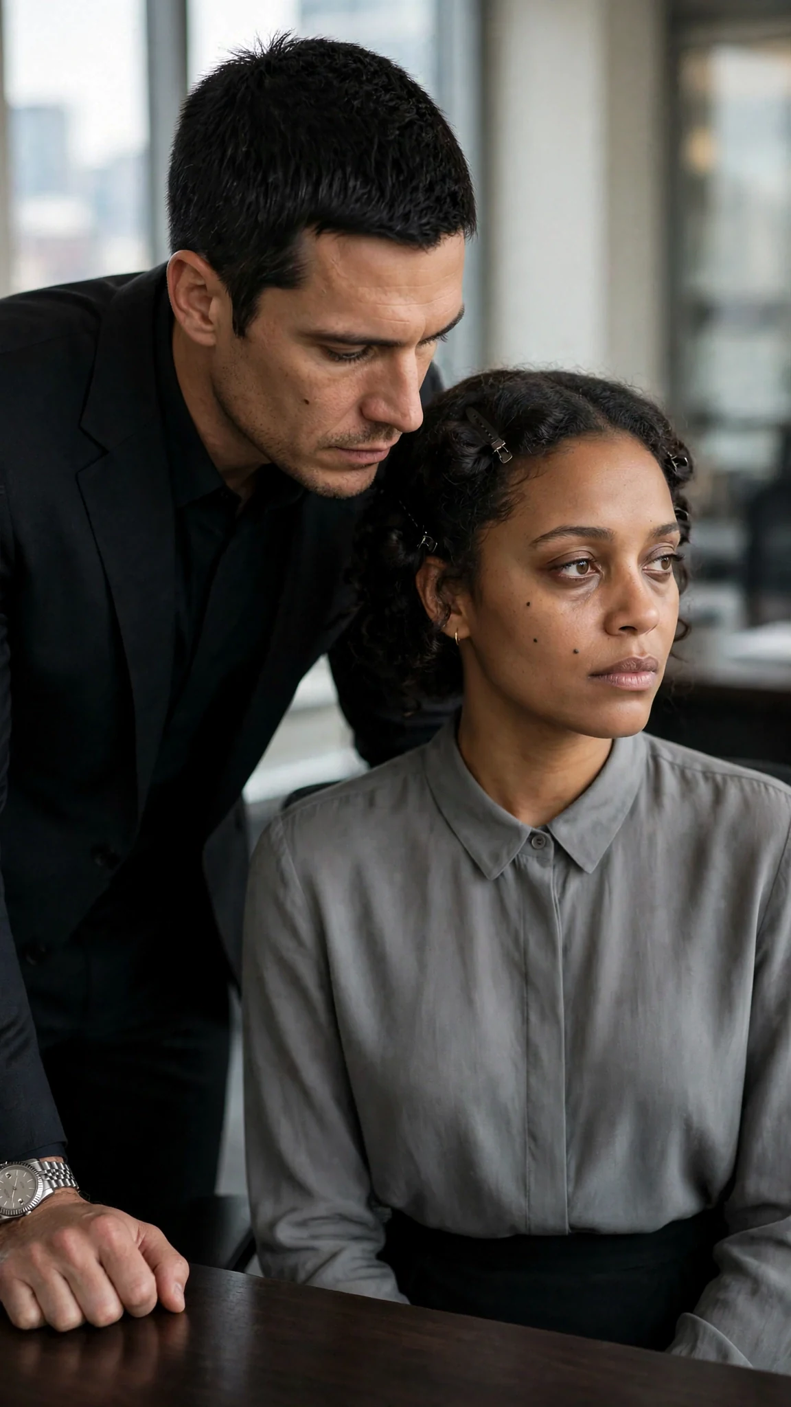 A man in a dark suit stands very close to a woman in gray, his gray eyes on her mouth.