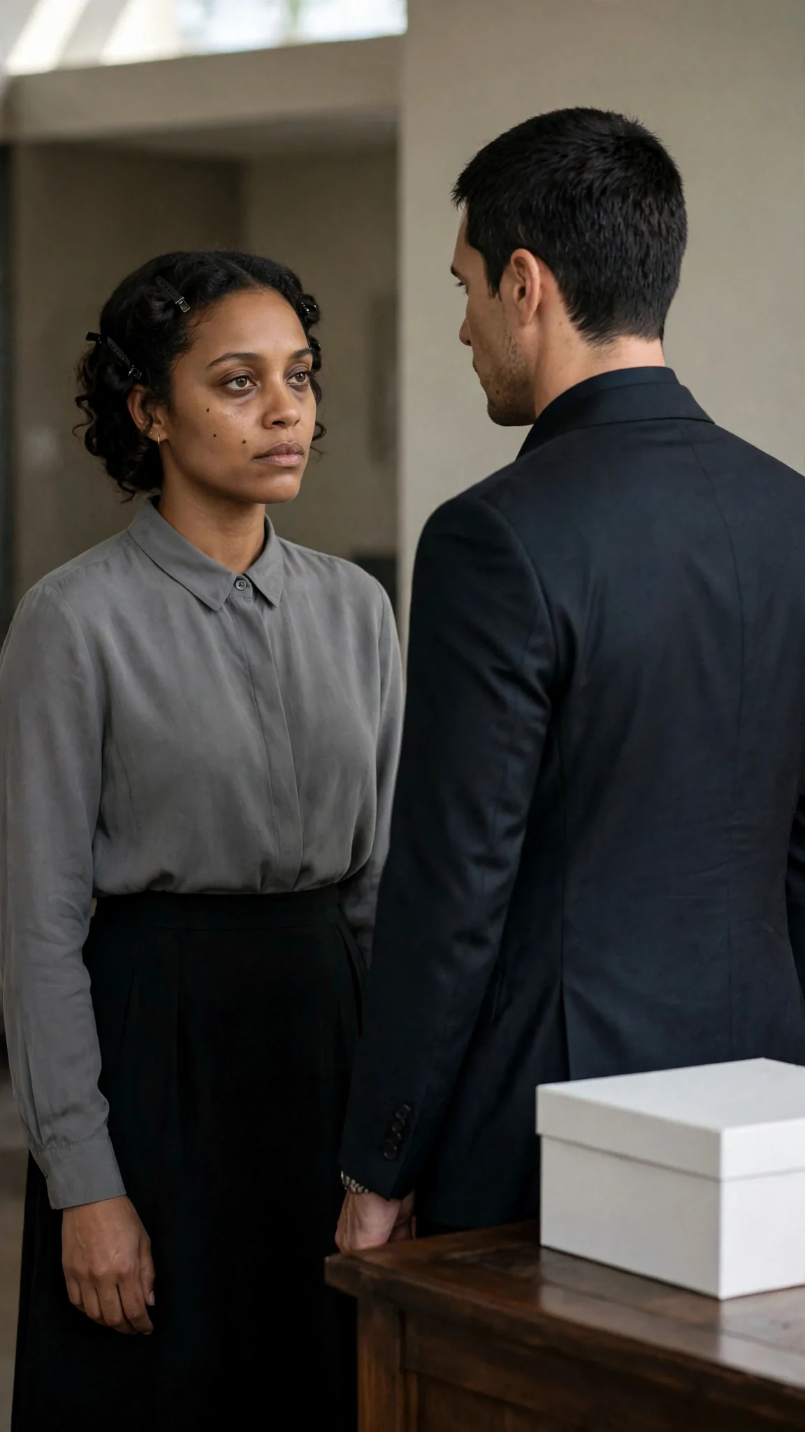 A woman in a gray blouse stands tall, speaking steadily to the man before her.