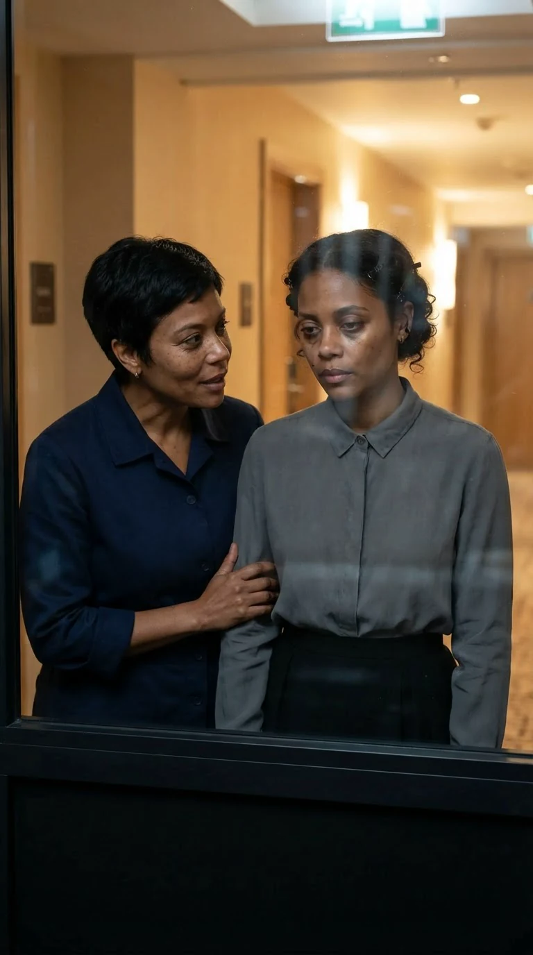 Through a glass wall, two women stand close in the hallway, one with a hand on the other's arm.