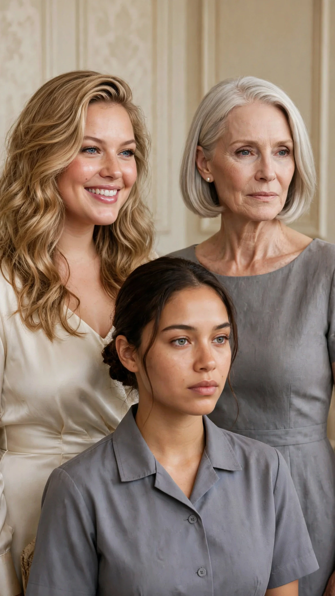 Yvette smiles beside Serena while Rosamund stands before them, still and watchful.