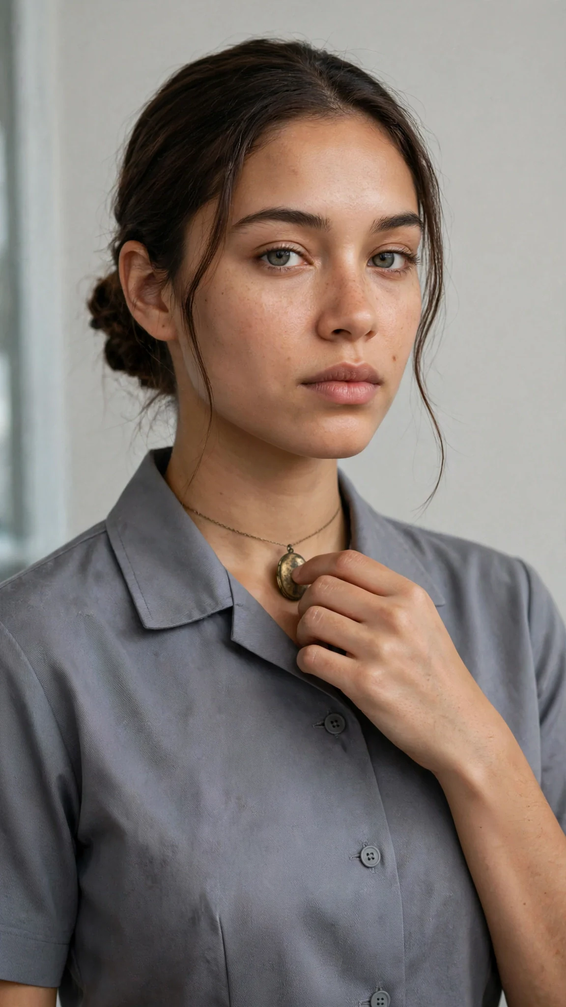 Close on Rosamund's fingers touching the small locket at her throat, her expression carefully calm.