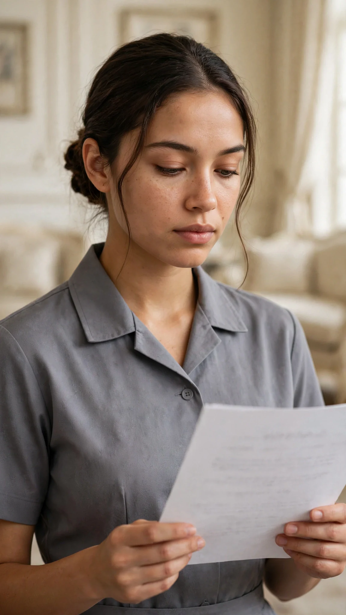 Rosamund reads the page in her hands, her face still and her grip steady.