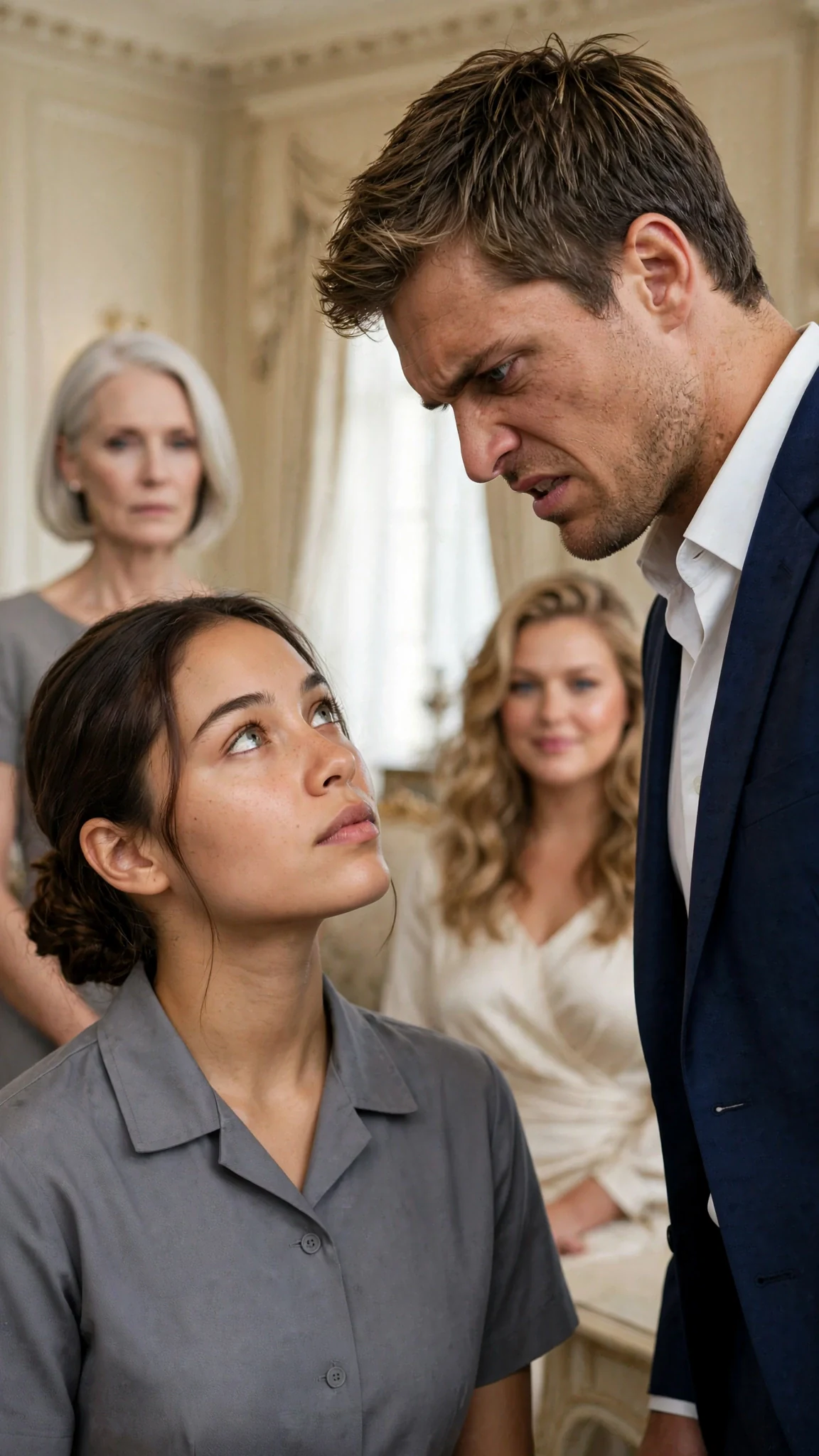 Rosamund looks up at Lyle with quiet defiance, the room frozen around them.