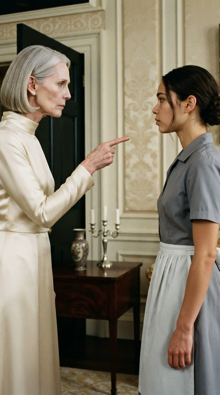 Serena points toward the door, her face cold with threat, as Rosamund meets her eyes.