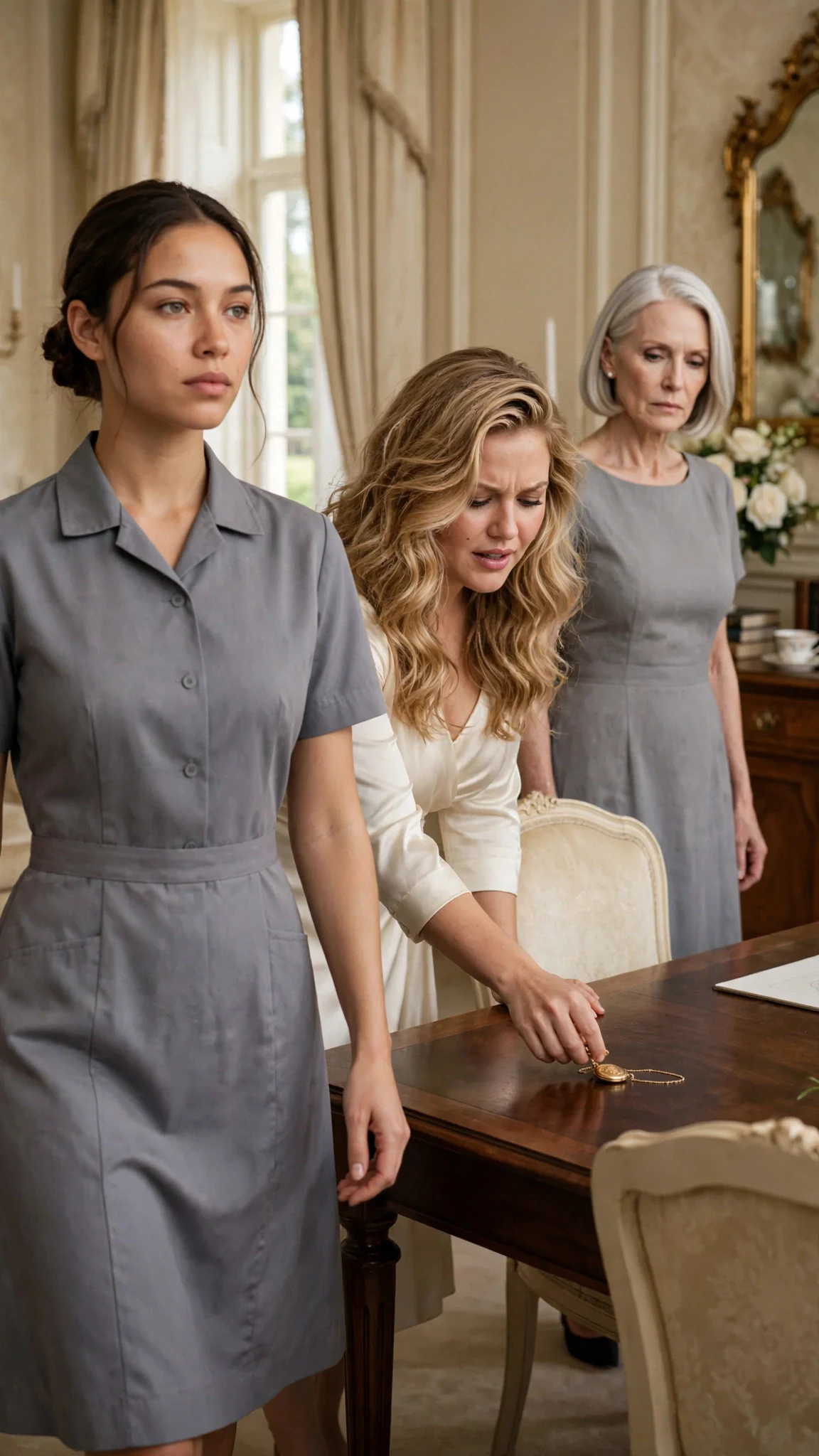 Rosamund walks out of the drawing room with her back straight while Yvette reaches for the locket behind her.