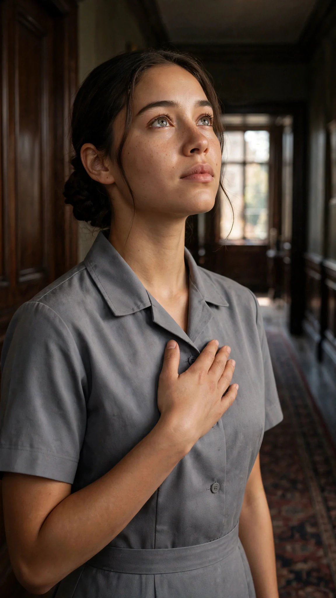 Alone in the dim hallway, Rosamund presses her empty hand to her chest and lifts her chin.