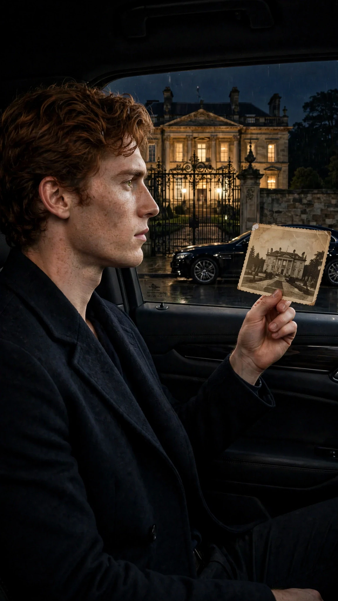 Tiernan Ravell sits in a dark car outside the mansion gate, holding an old photograph.
