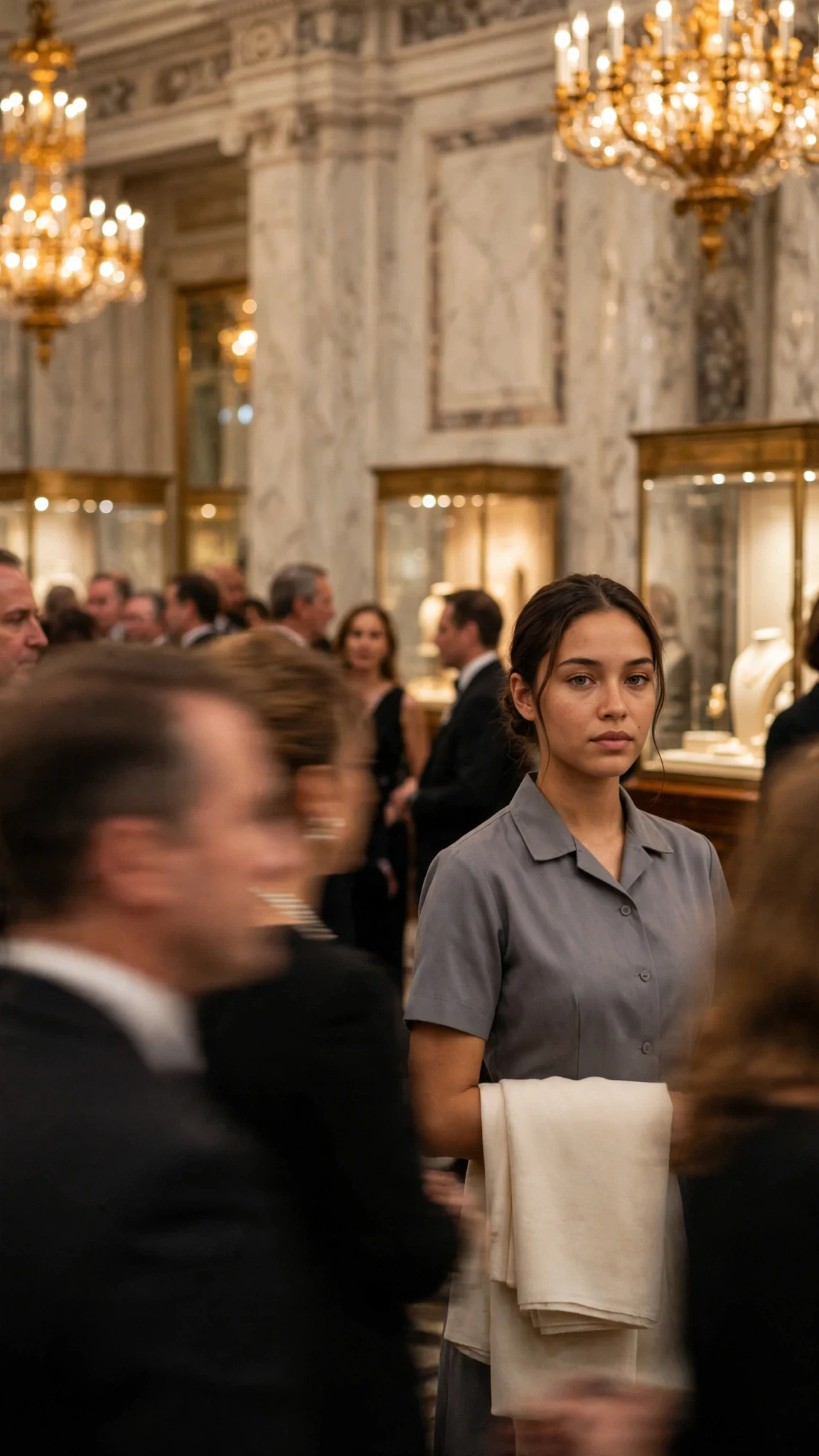 A young maid stands at the back of a grand marble auction hall, a folded wrap over her arm.