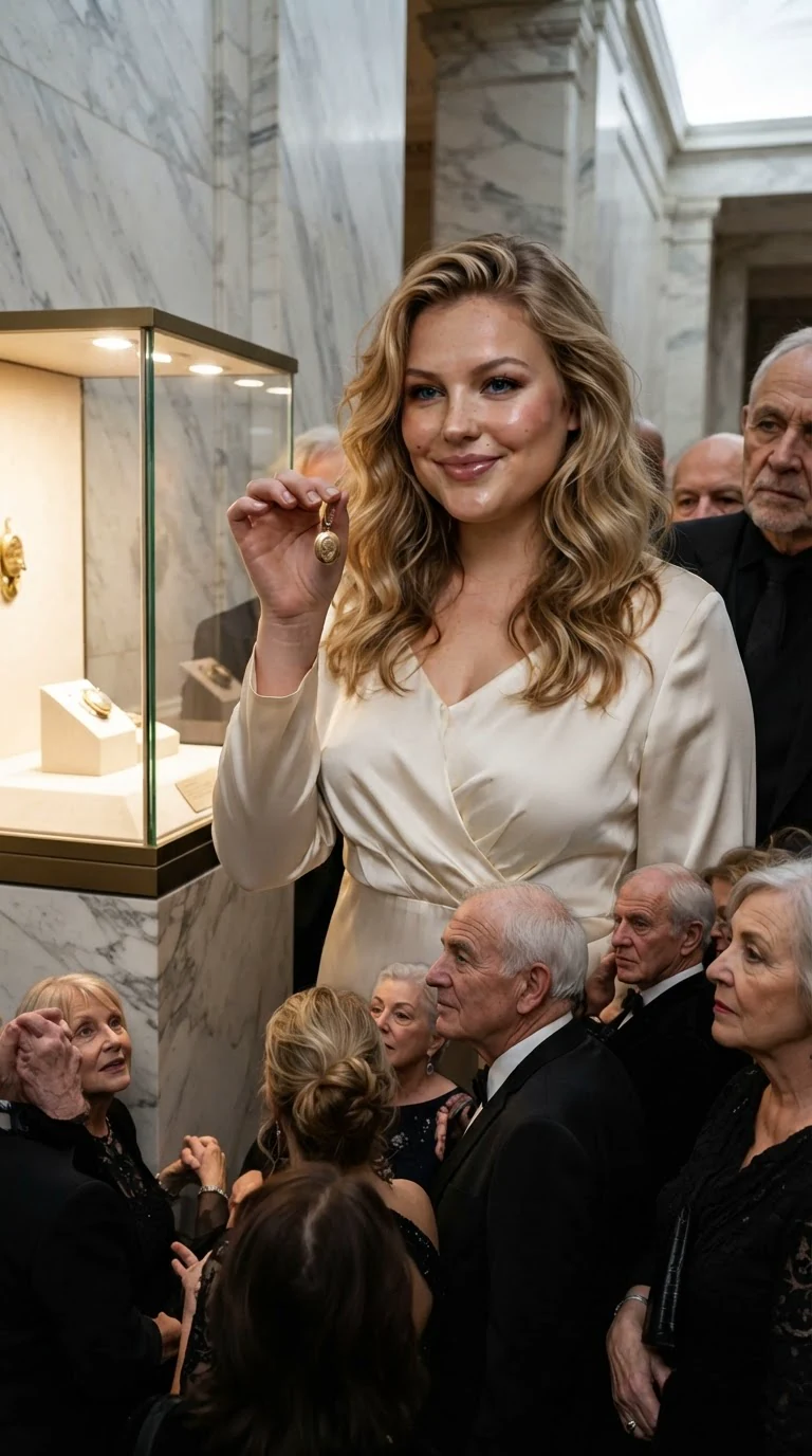 A blonde woman in cream silk lifts a small gold locket before a crowd of collectors.