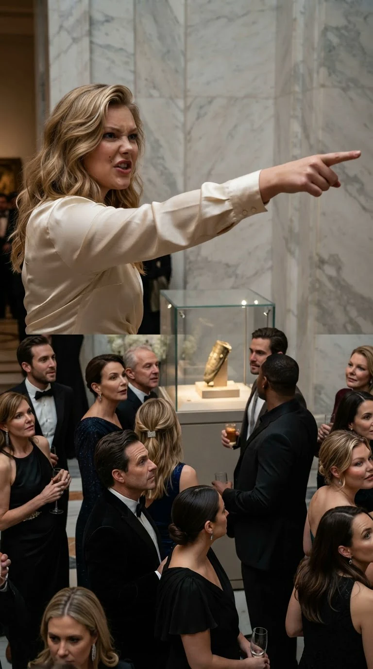 The blonde woman points across the hall at the maid.