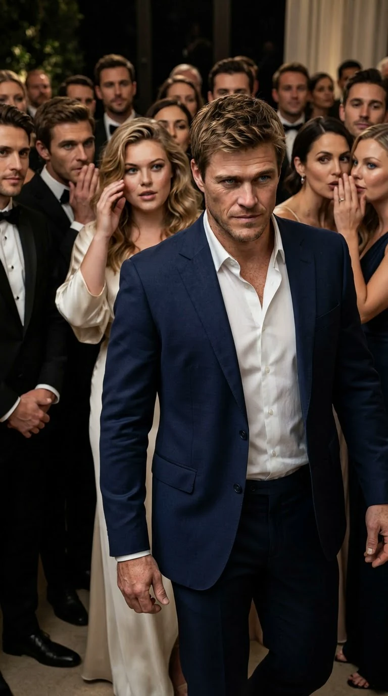 A broad young man in a navy suit steps forward, sneering at the maid.