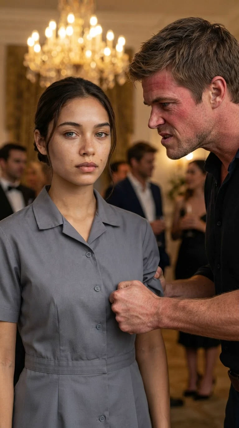 The maid speaks calmly while the man still grips her arm.