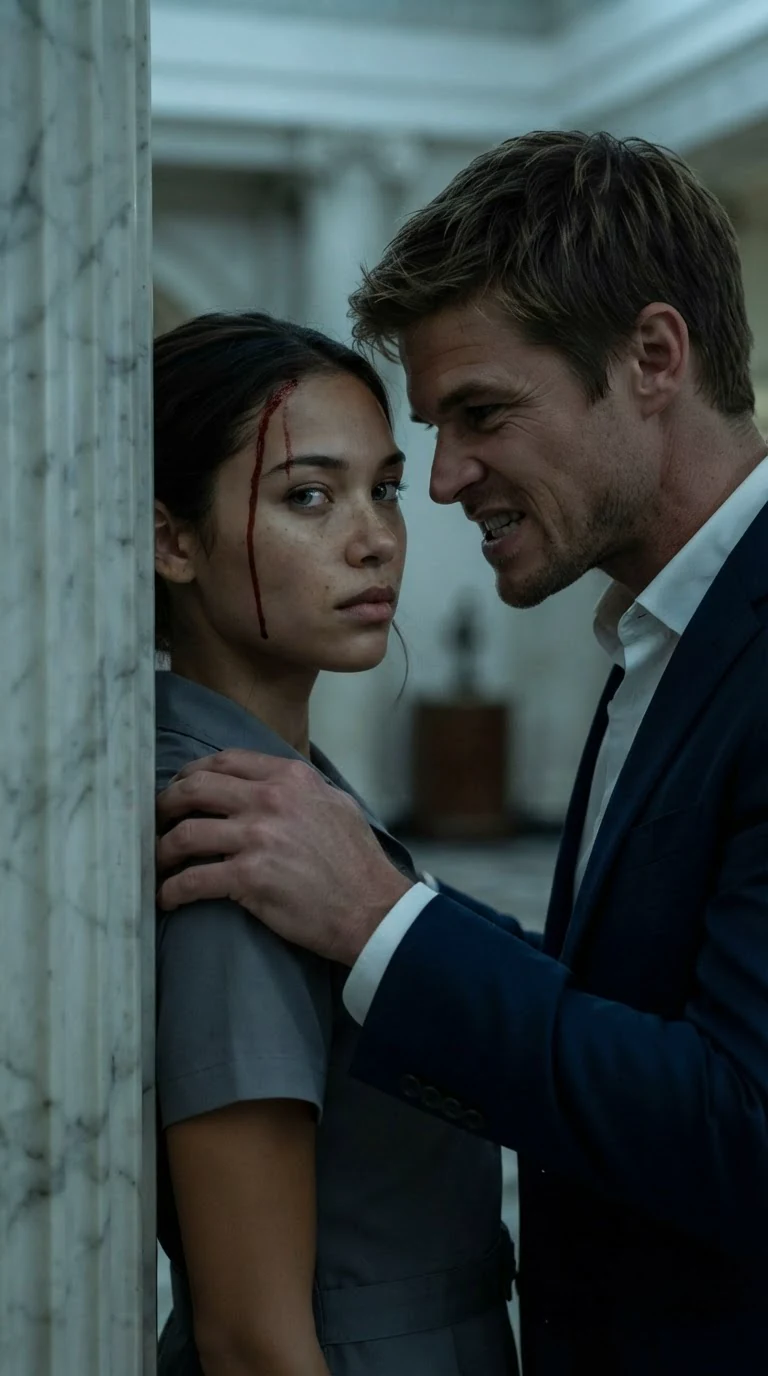 The man leans close, threatening, while blood runs down the maid's brow.