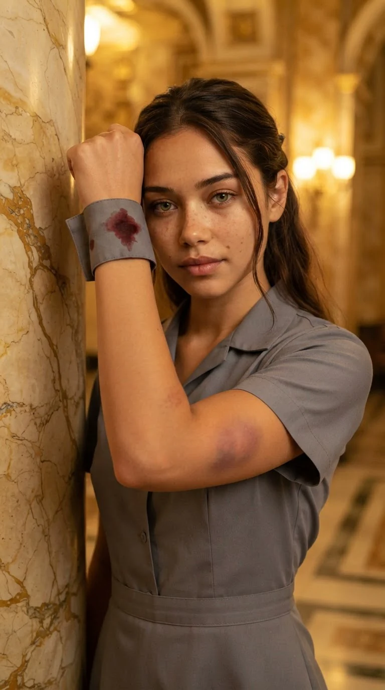The maid presses her sleeve to her brow and looks at the red on the gray cotton.