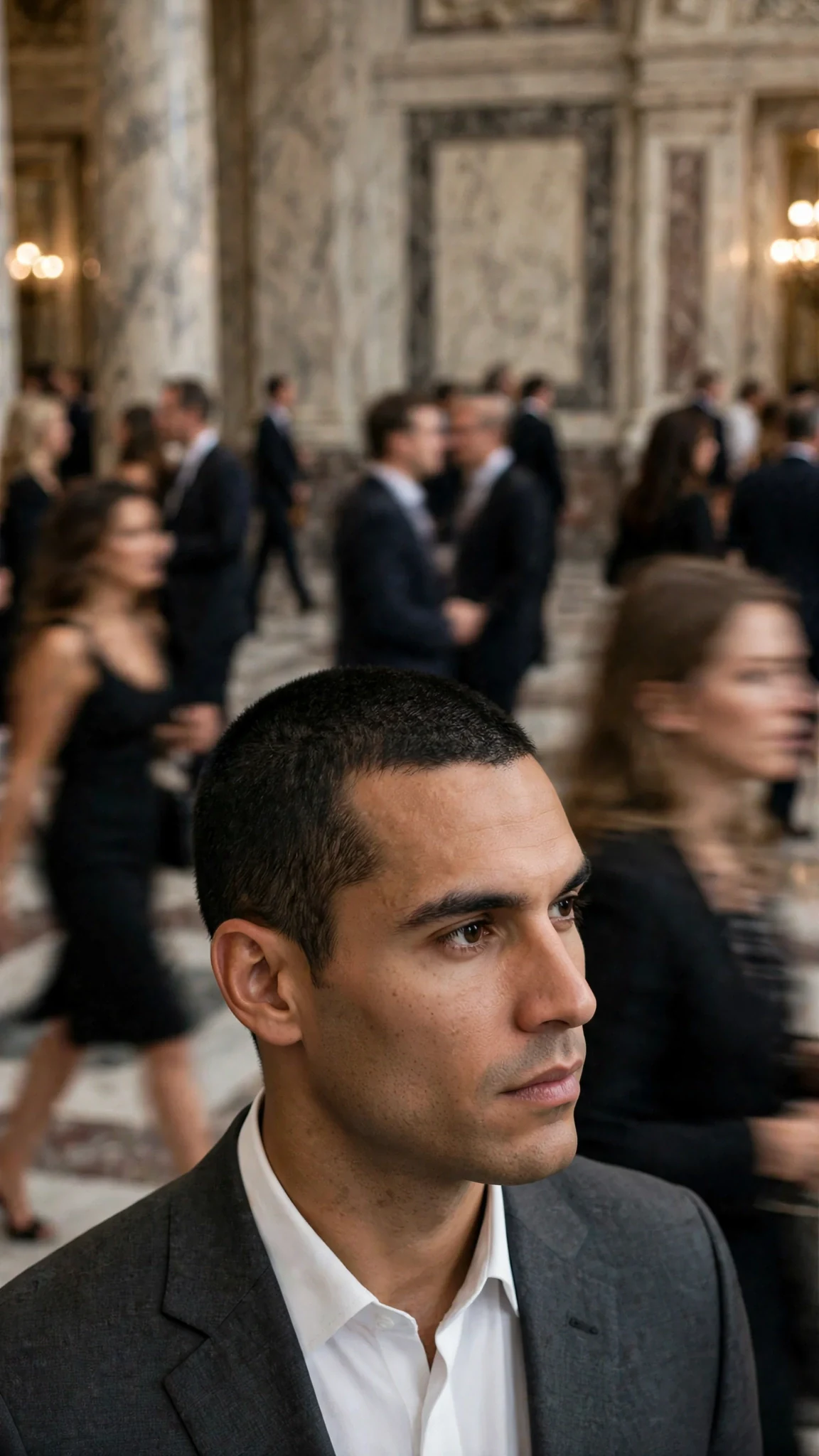 A tall man in a charcoal suit stops in the crowd and stares.