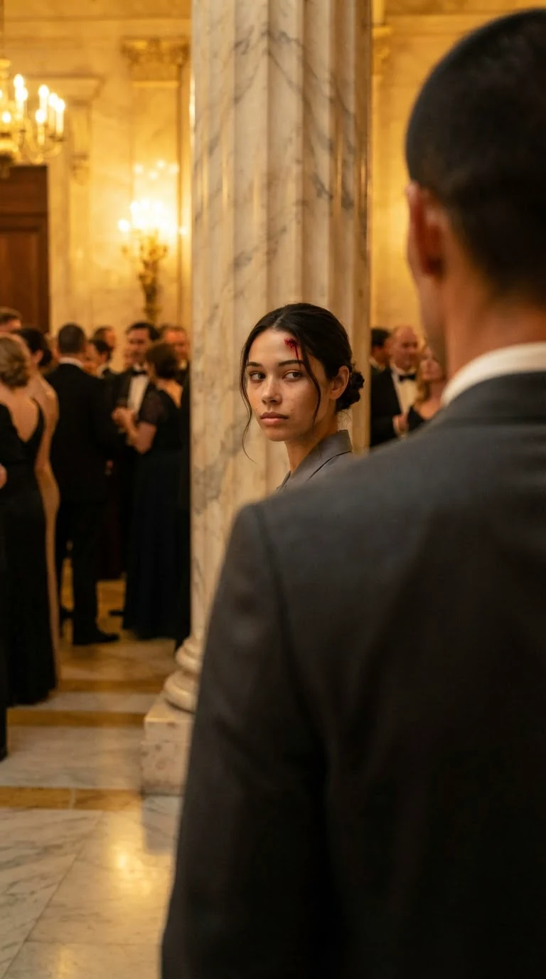 Over the tall man's shoulder, the bloodied maid looks back across the hall.