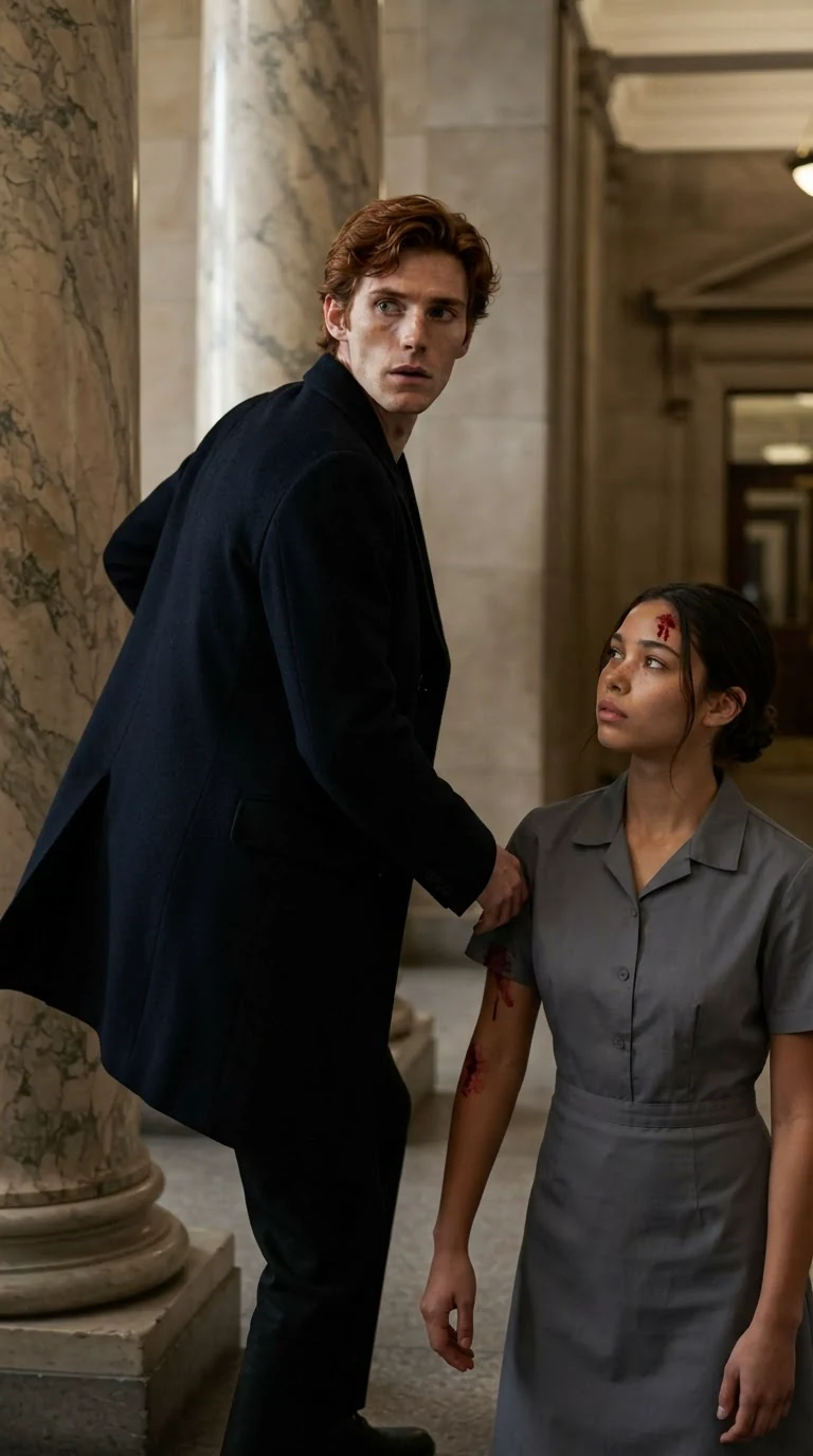A lean auburn-haired man in a dark coat steps around the marble column.