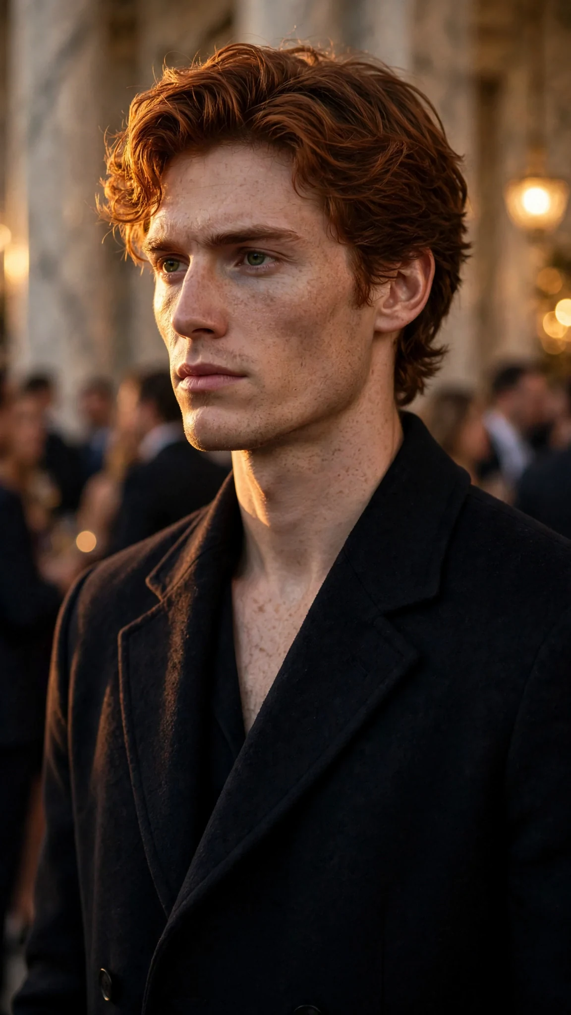 Close on the auburn-haired man's hard green eyes as he asks again.