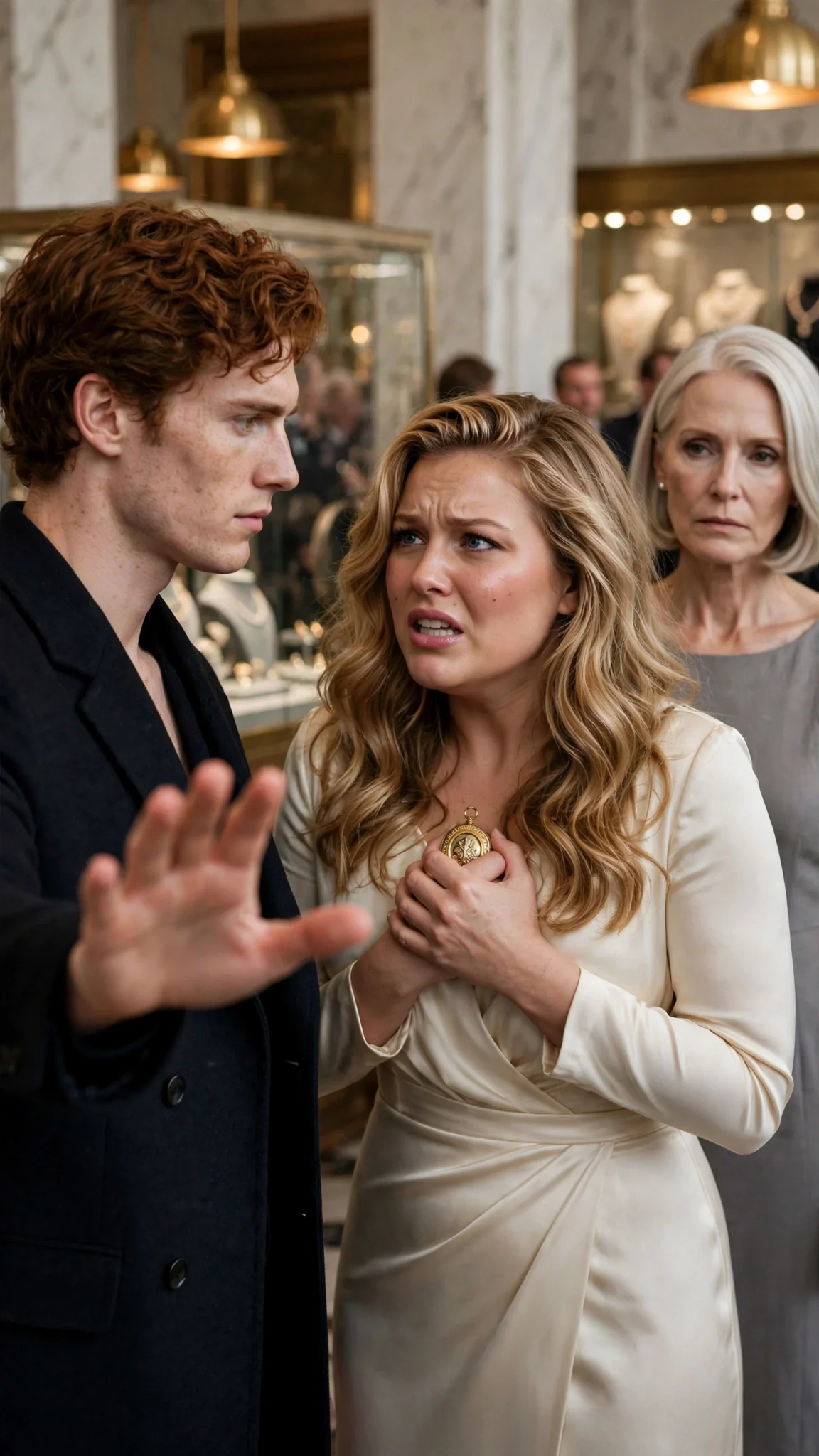 A tall auburn-haired man holds out his hand in a marble hall while a blonde woman clutches a locket.
