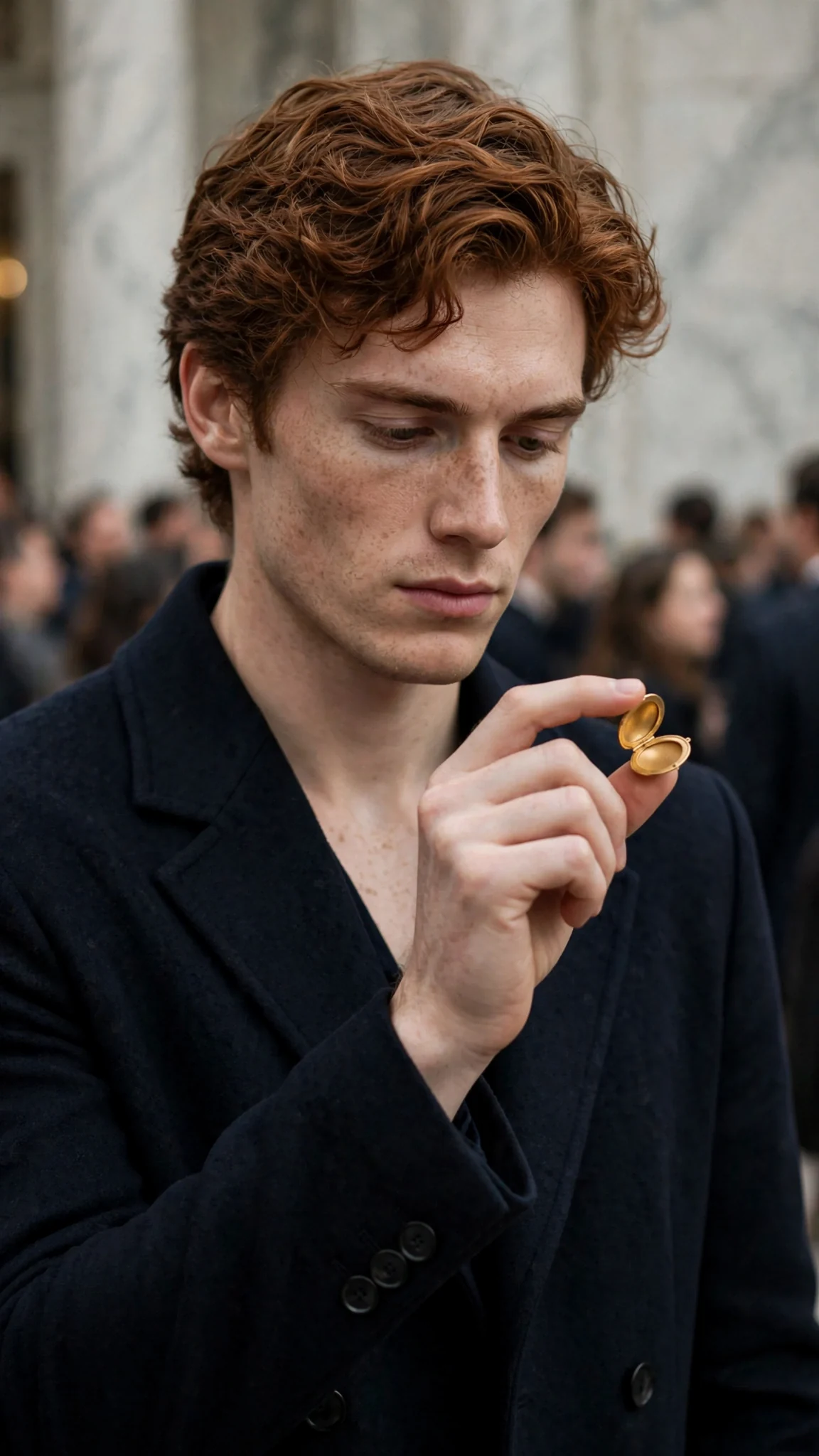 An auburn-haired man holds a gold locket up to the light and studies the clasp.