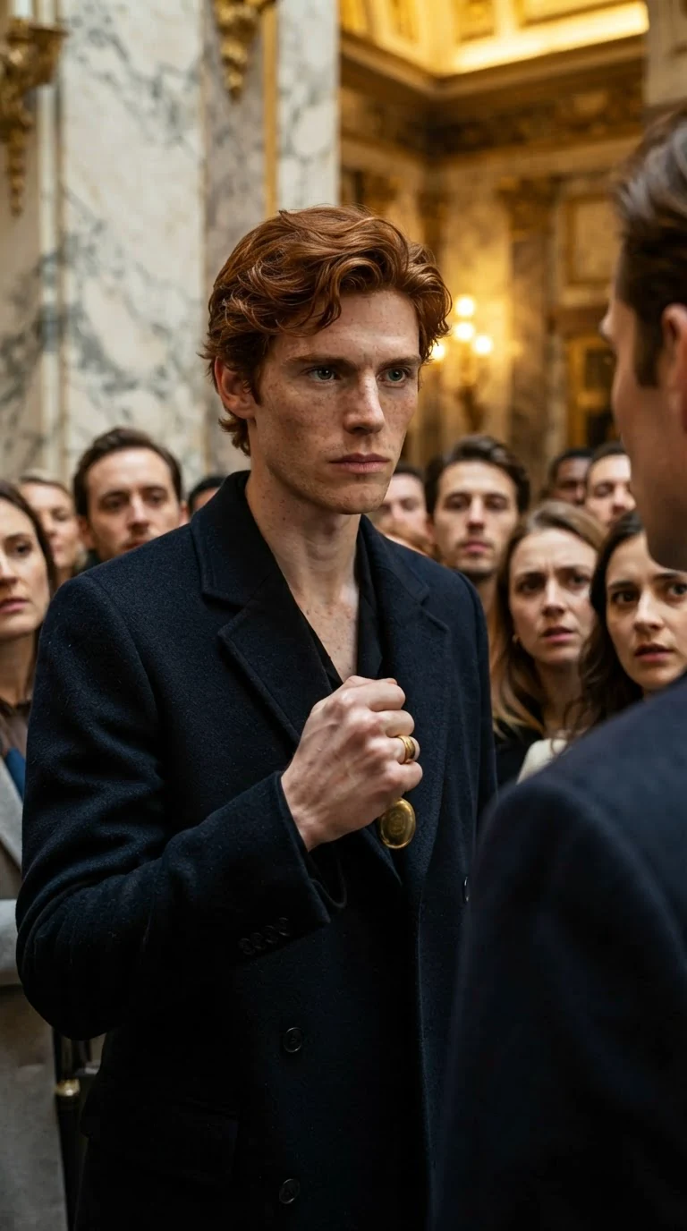 The auburn-haired man speaks flatly to the silent hall, the locket in his hand.