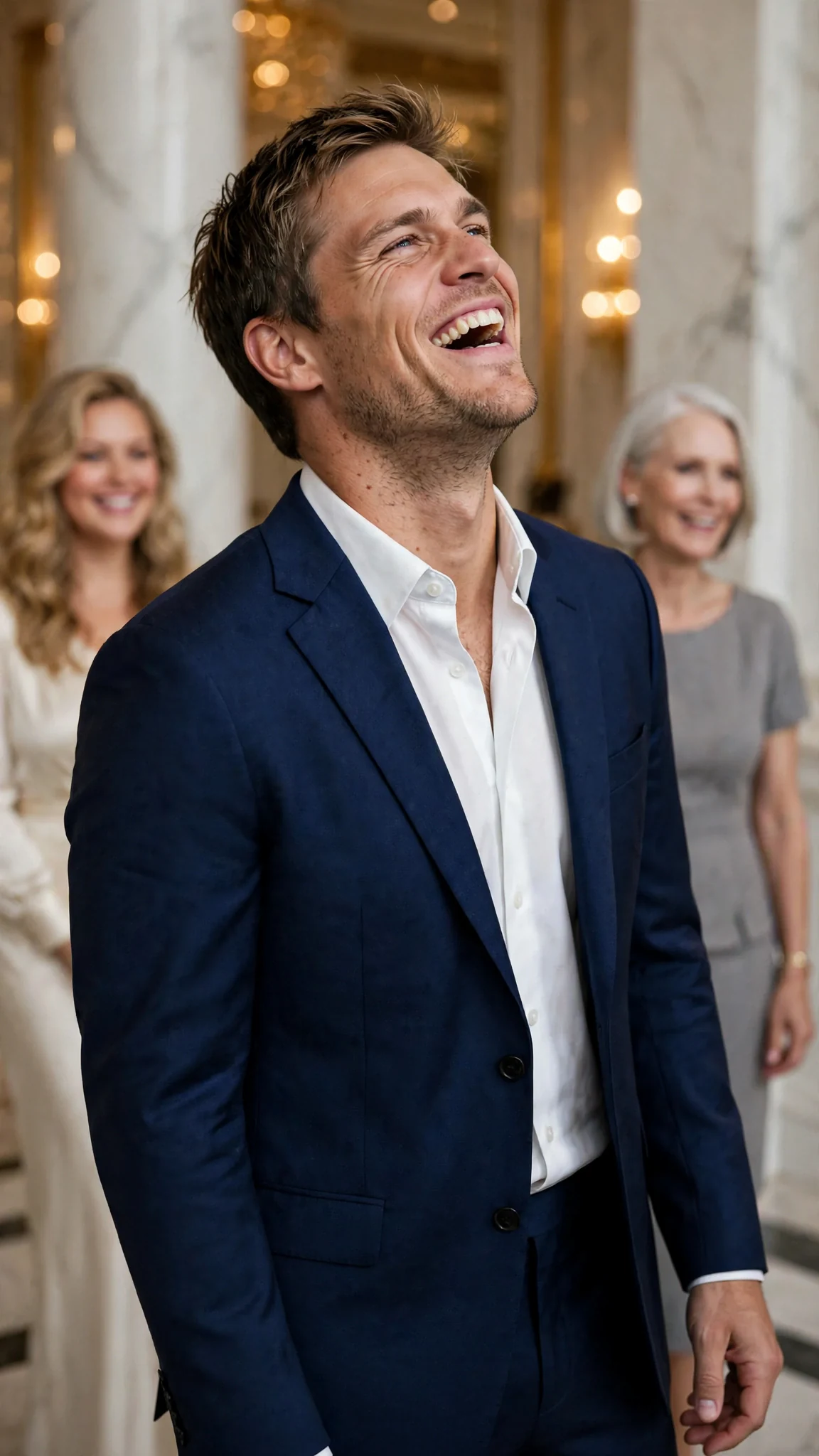 A broad blond man in a navy suit laughs openly in the marble hall.