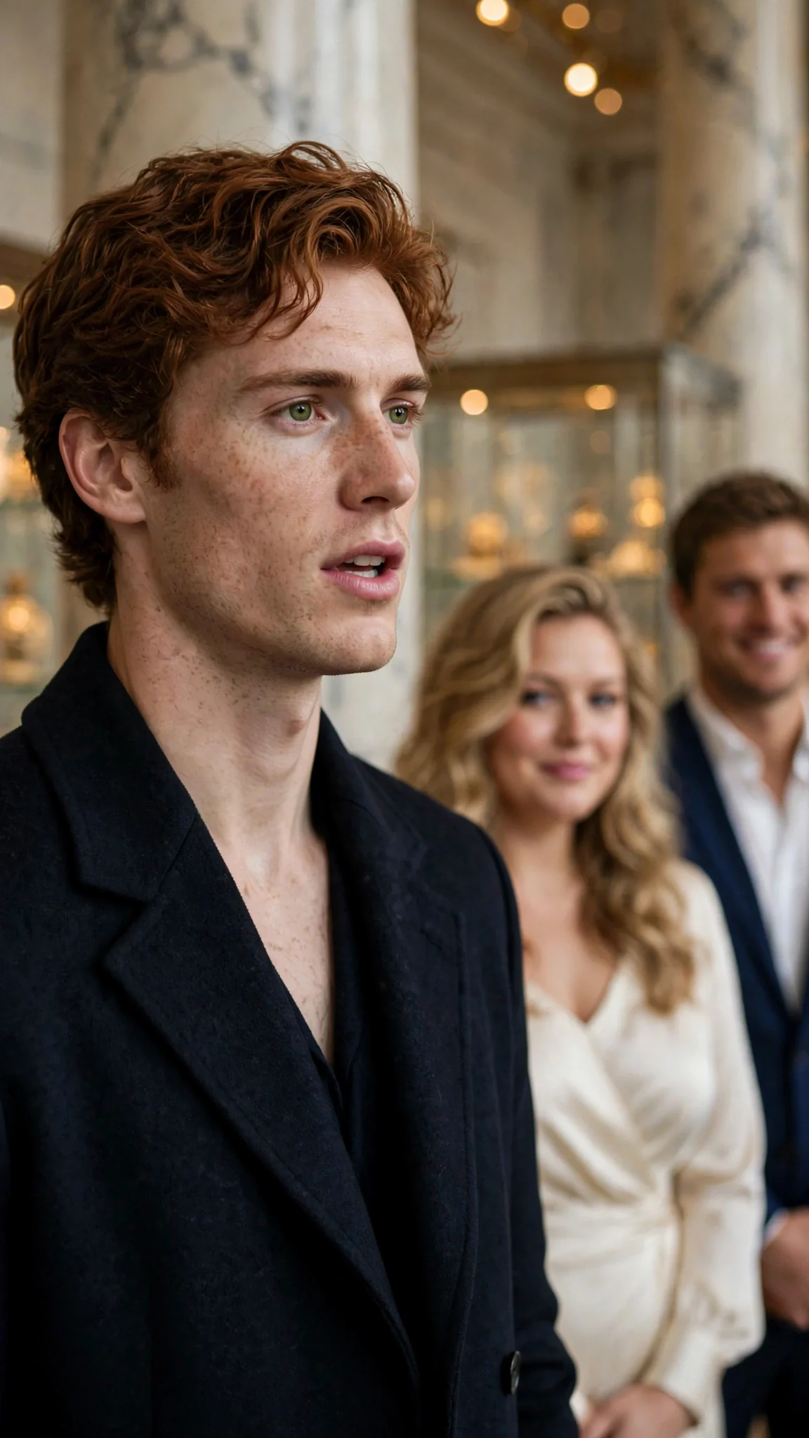 The auburn-haired man answers without flinching while the blonde woman's smile dies.